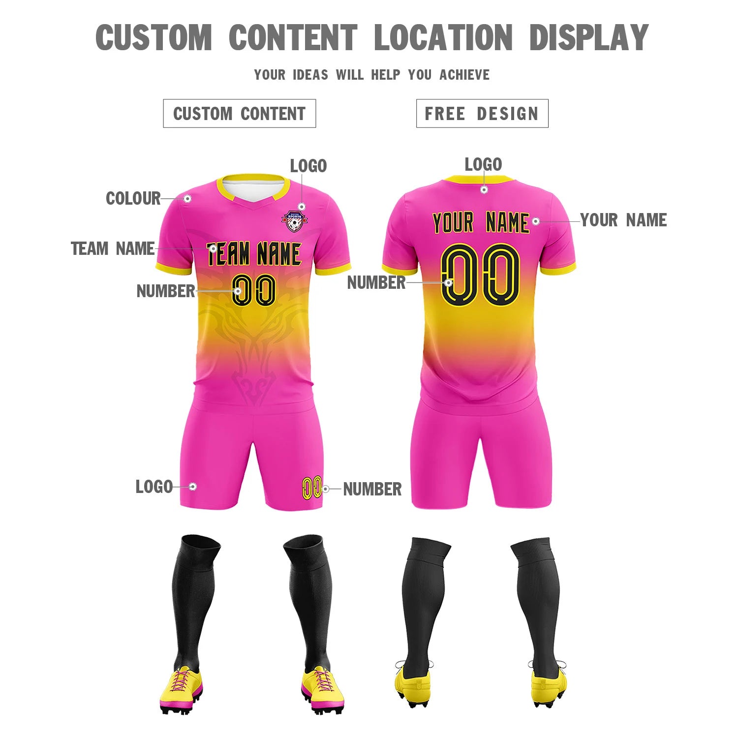 Custom Pink Yellow Soft Training Uniform Soccer Sets Jersey