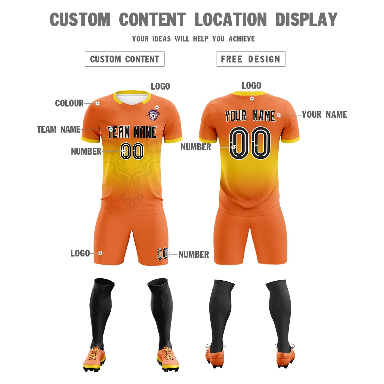 Custom Orange Yellow Soft Training Uniform Soccer Sets Jersey