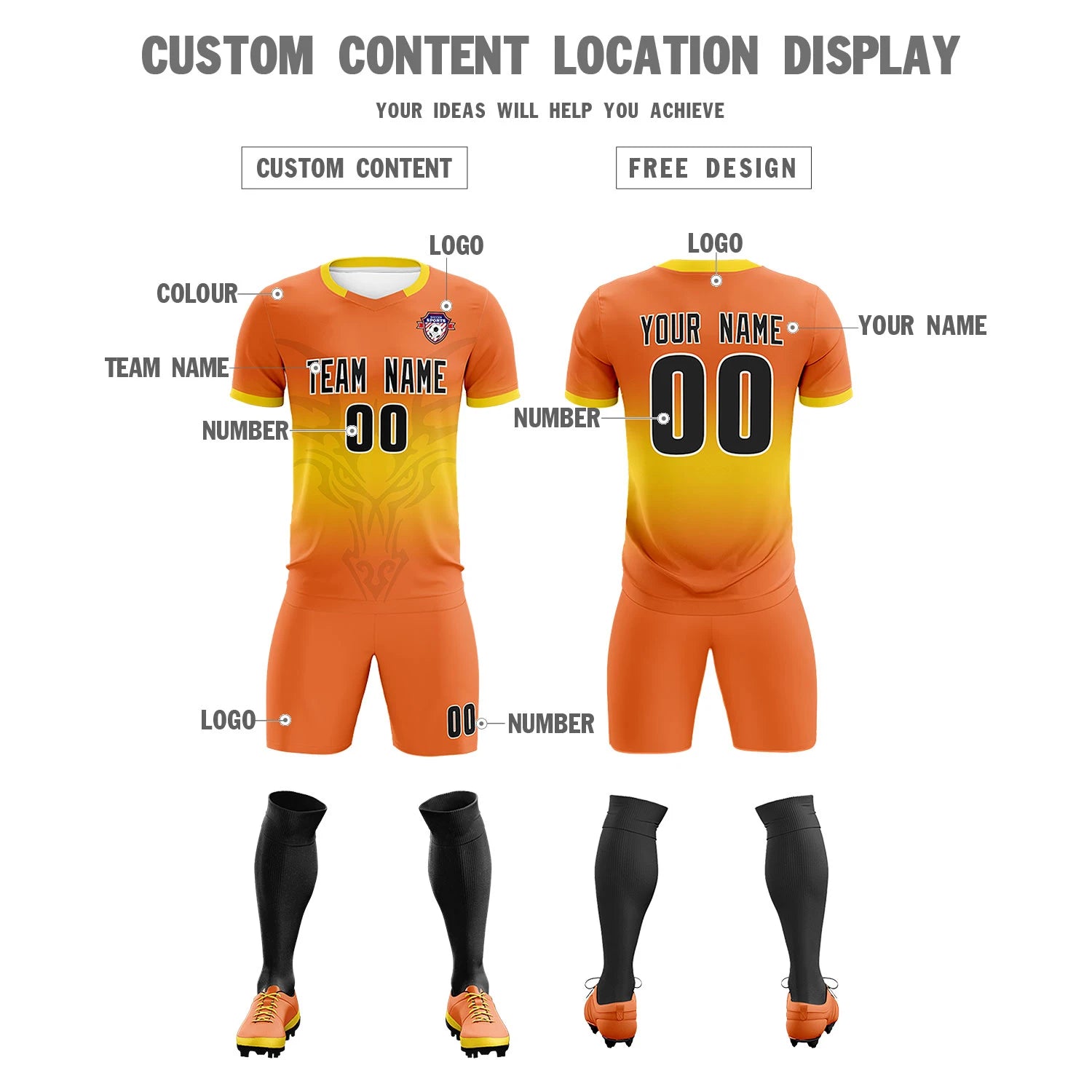 Custom Orange Yellow Soft Training Uniform Soccer Sets Jersey