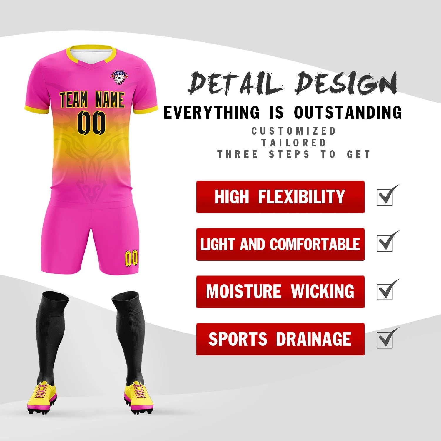 Custom Pink Yellow Soft Training Uniform Soccer Sets Jersey