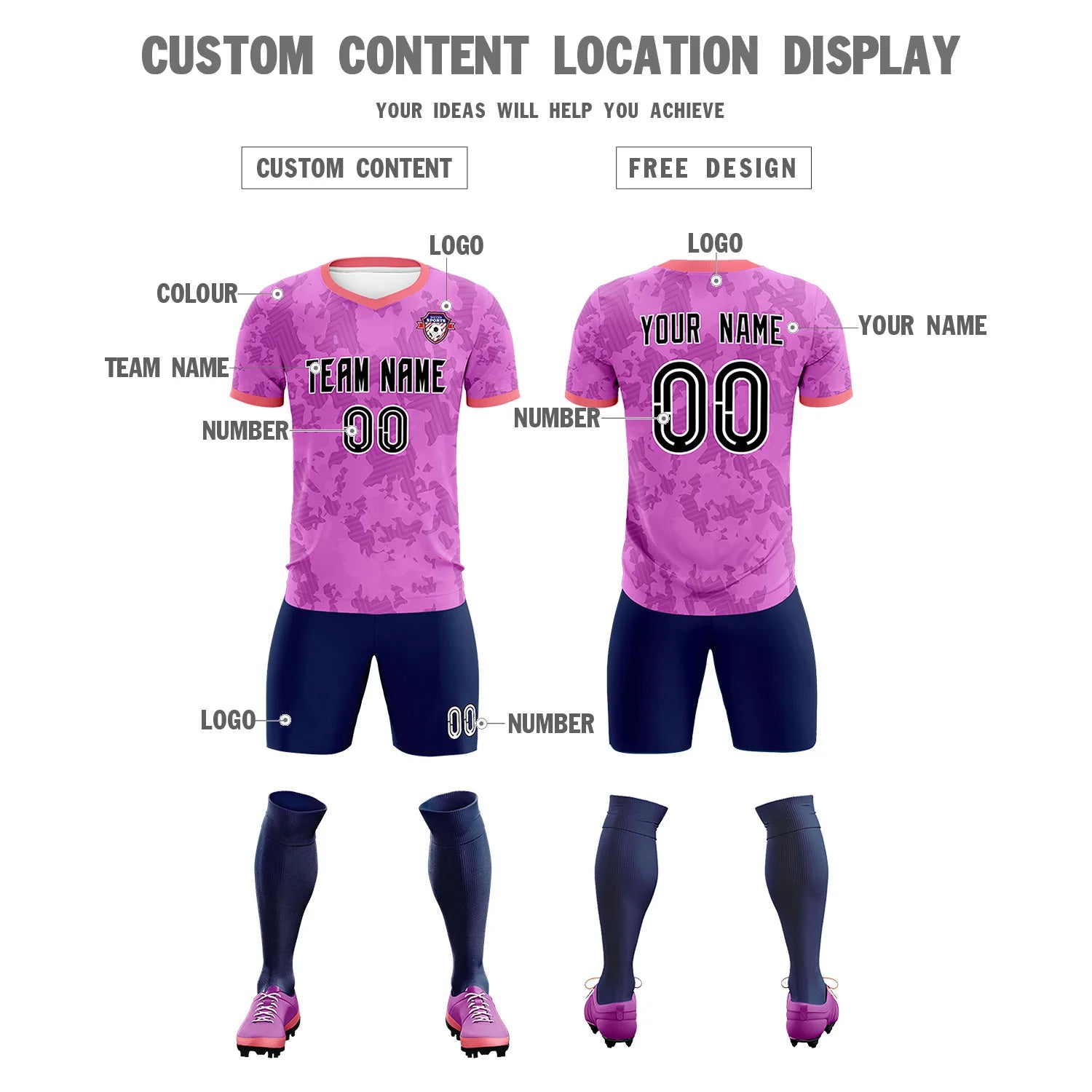 Custom Pink-Navy Printing Outdoor Breathable Soccer Sets Jersey