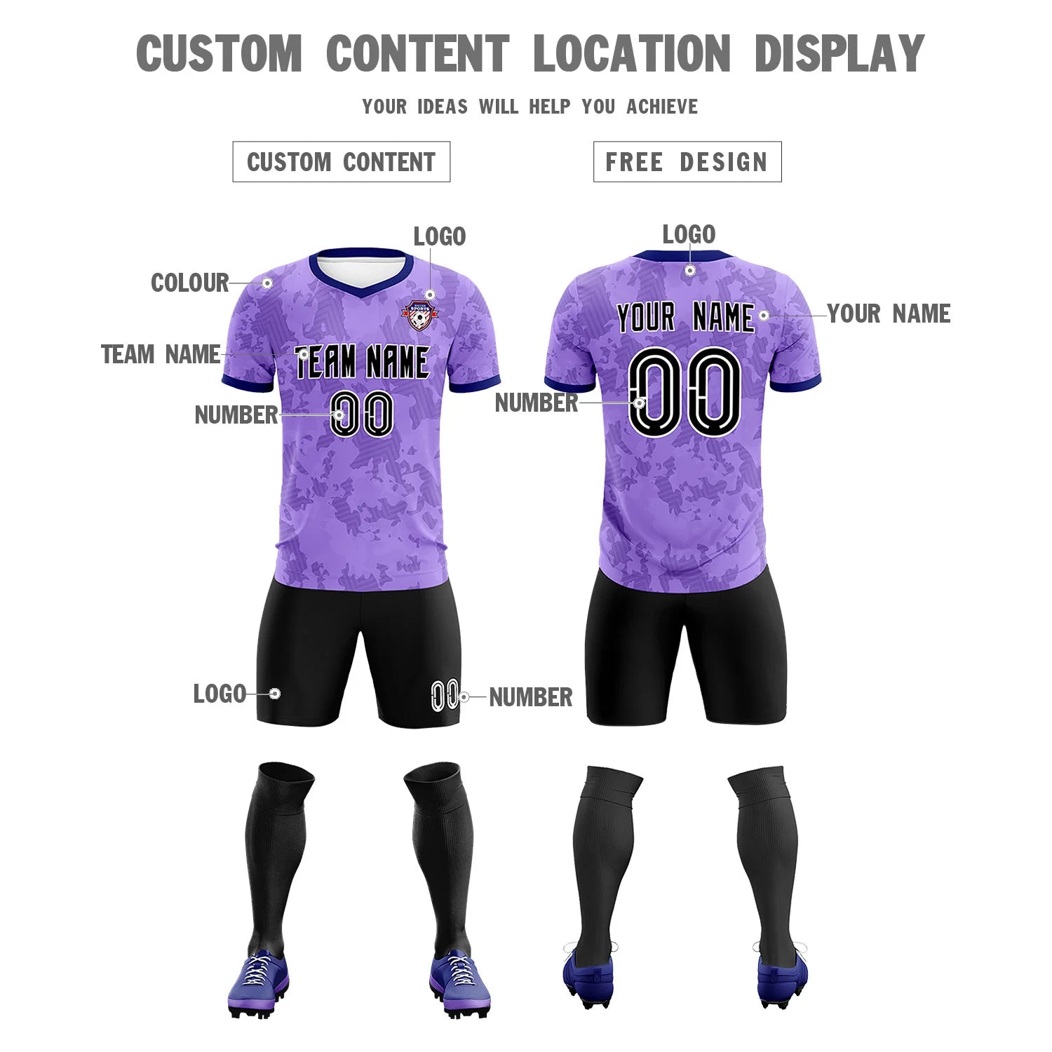 Custom Light Purple-Black Printing Outdoor Breathable Soccer Sets Jersey