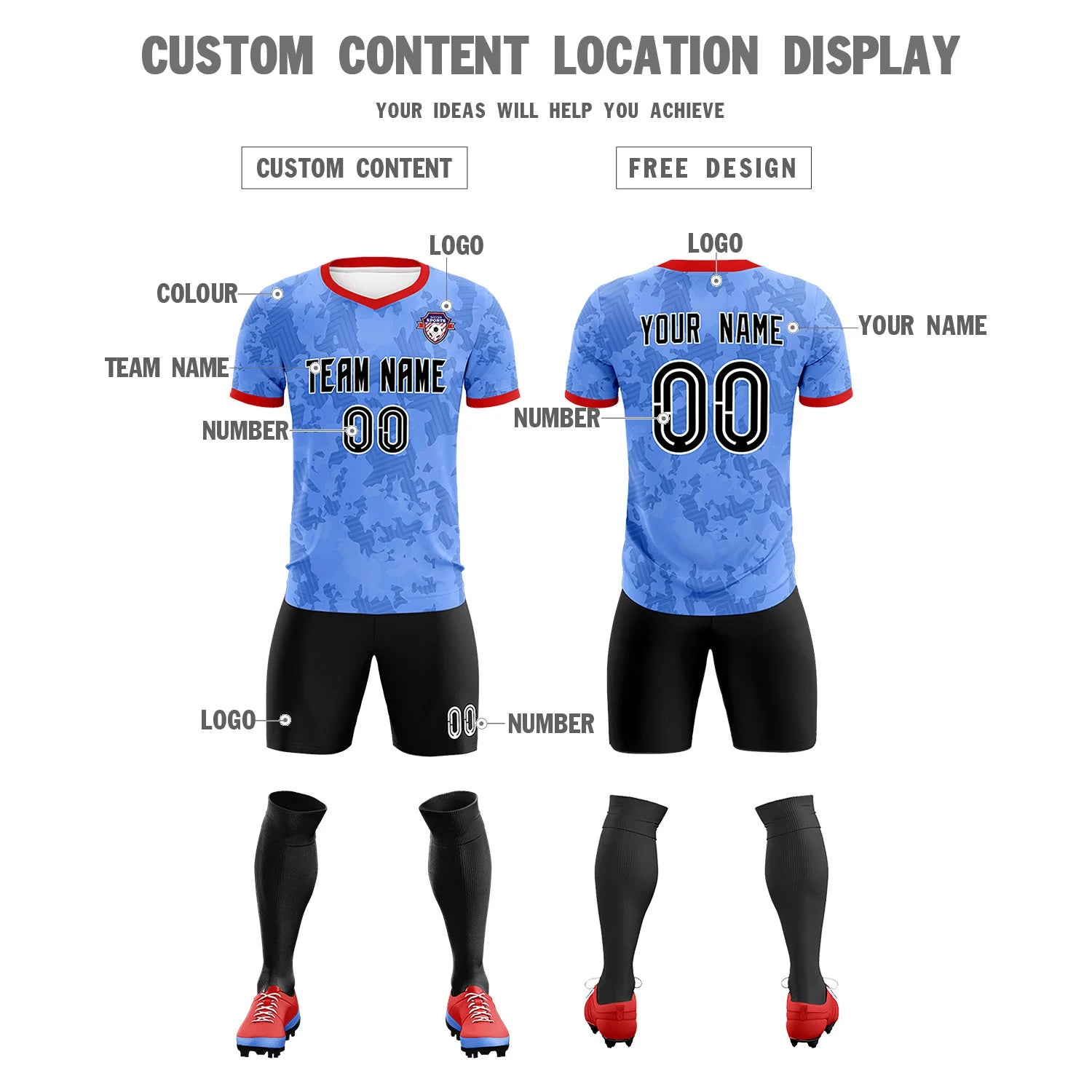 Custom Powder Blue-Black Printing Outdoor Breathable Soccer Sets Jersey