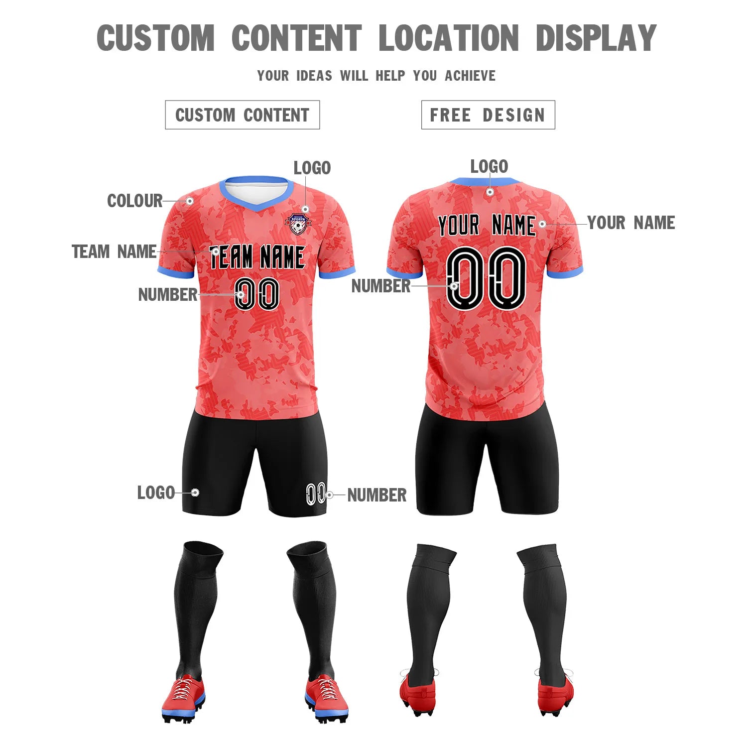 Custom Light Red-Black Printing Outdoor Breathable Soccer Sets Jersey