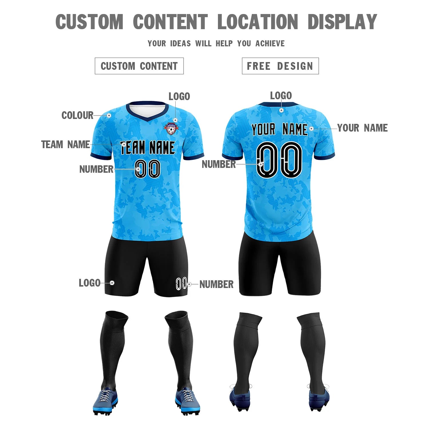 Custom Sky Blue-Black Printing Outdoor Breathable Soccer Sets Jersey
