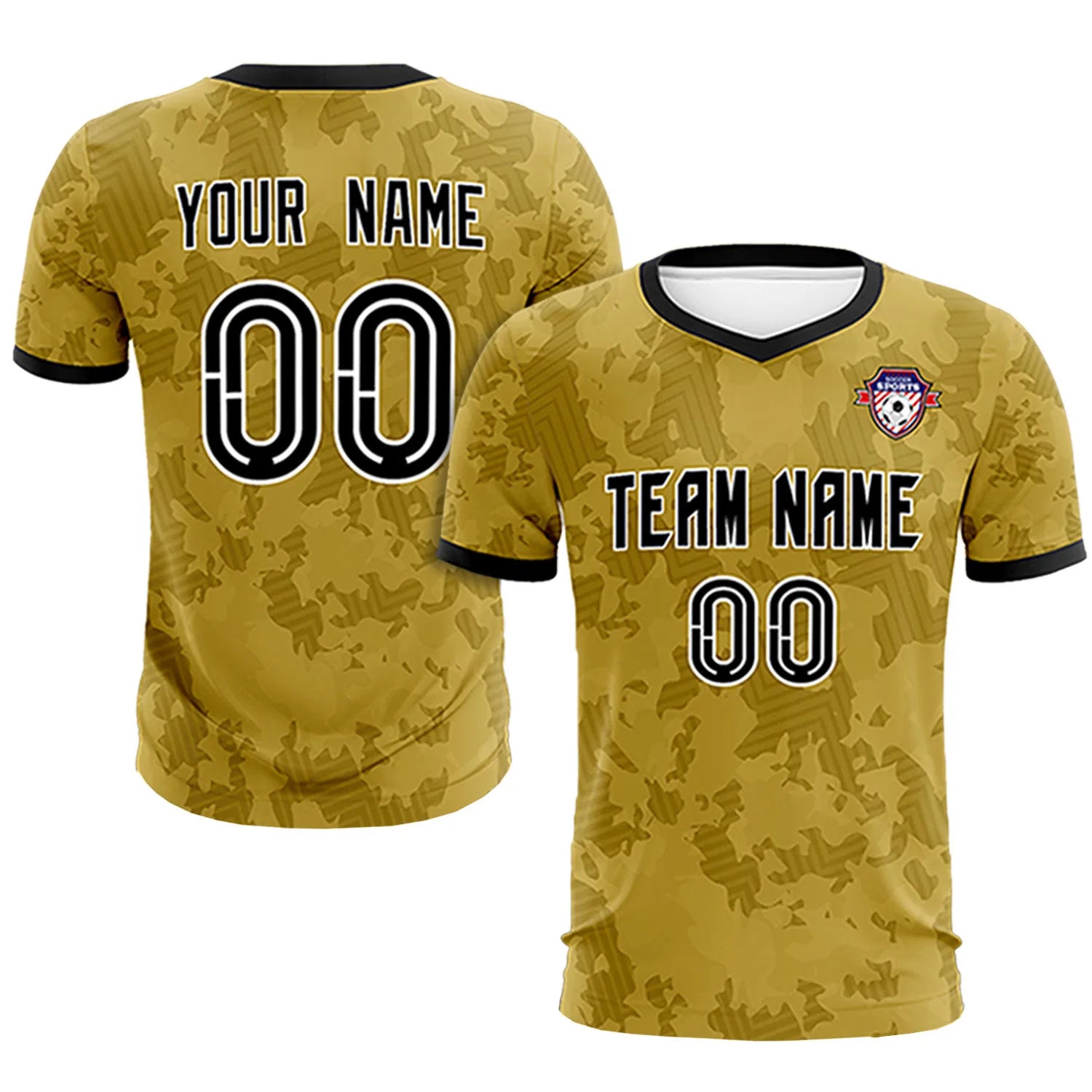 Custom Old Gold-Black Printing Outdoor Breathable Soccer Sets Jersey