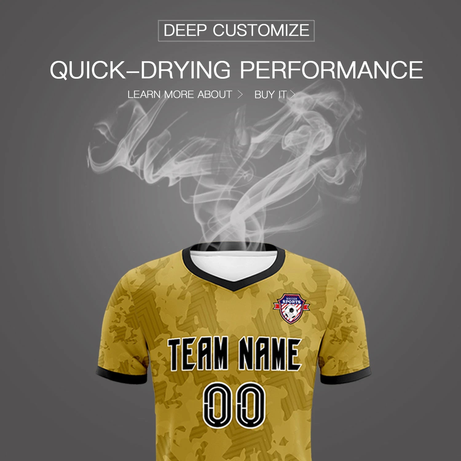 Custom Old Gold-Black Printing Outdoor Breathable Soccer Sets Jersey