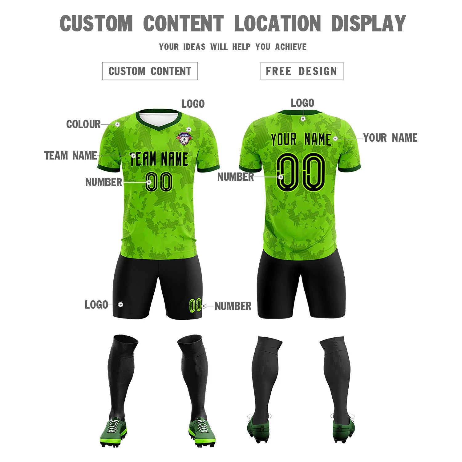 Custom Green-Black Printing Outdoor Breathable Soccer Sets Jersey