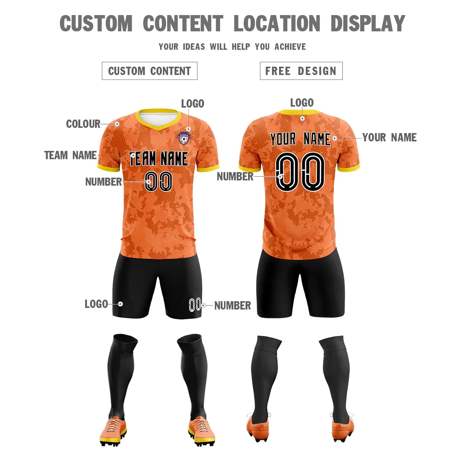 Custom Orange-Black Printing Outdoor Breathable Soccer Sets Jersey