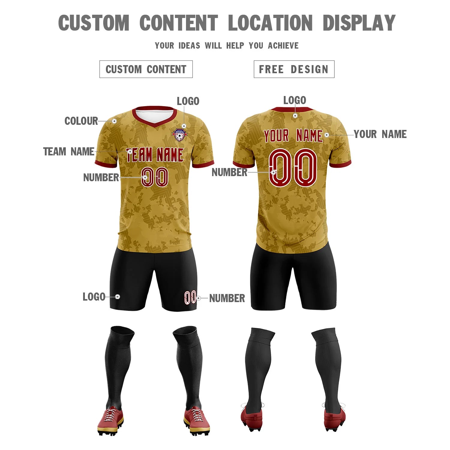 Custom Old Gold-Black Printing Outdoor Breathable Soccer Sets Jersey