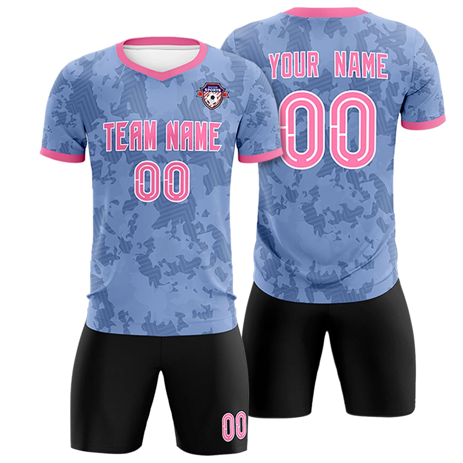 Custom Light Blue-Black Printing Outdoor Breathable Soccer Sets Jersey