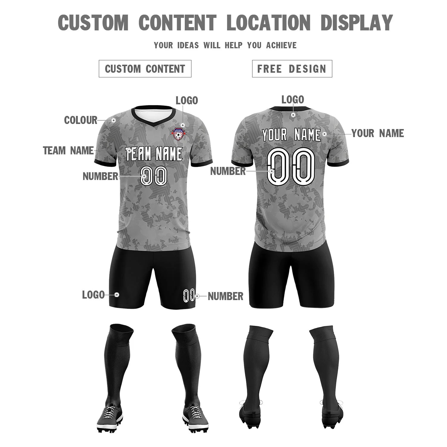 Custom Gray-Black Printing Outdoor Breathable Soccer Sets Jersey