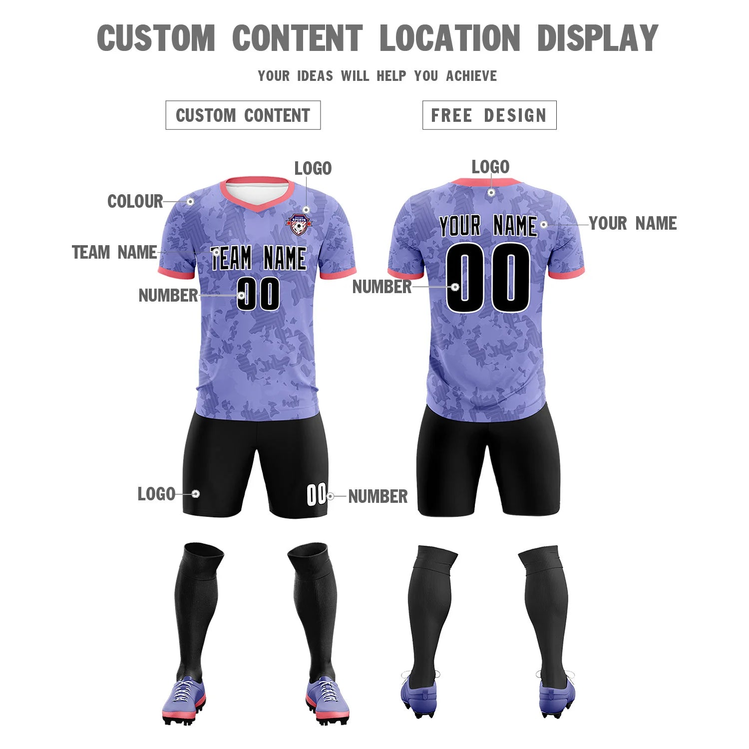 Custom Light Purple-Black Printing Outdoor Breathable Soccer Sets Jersey