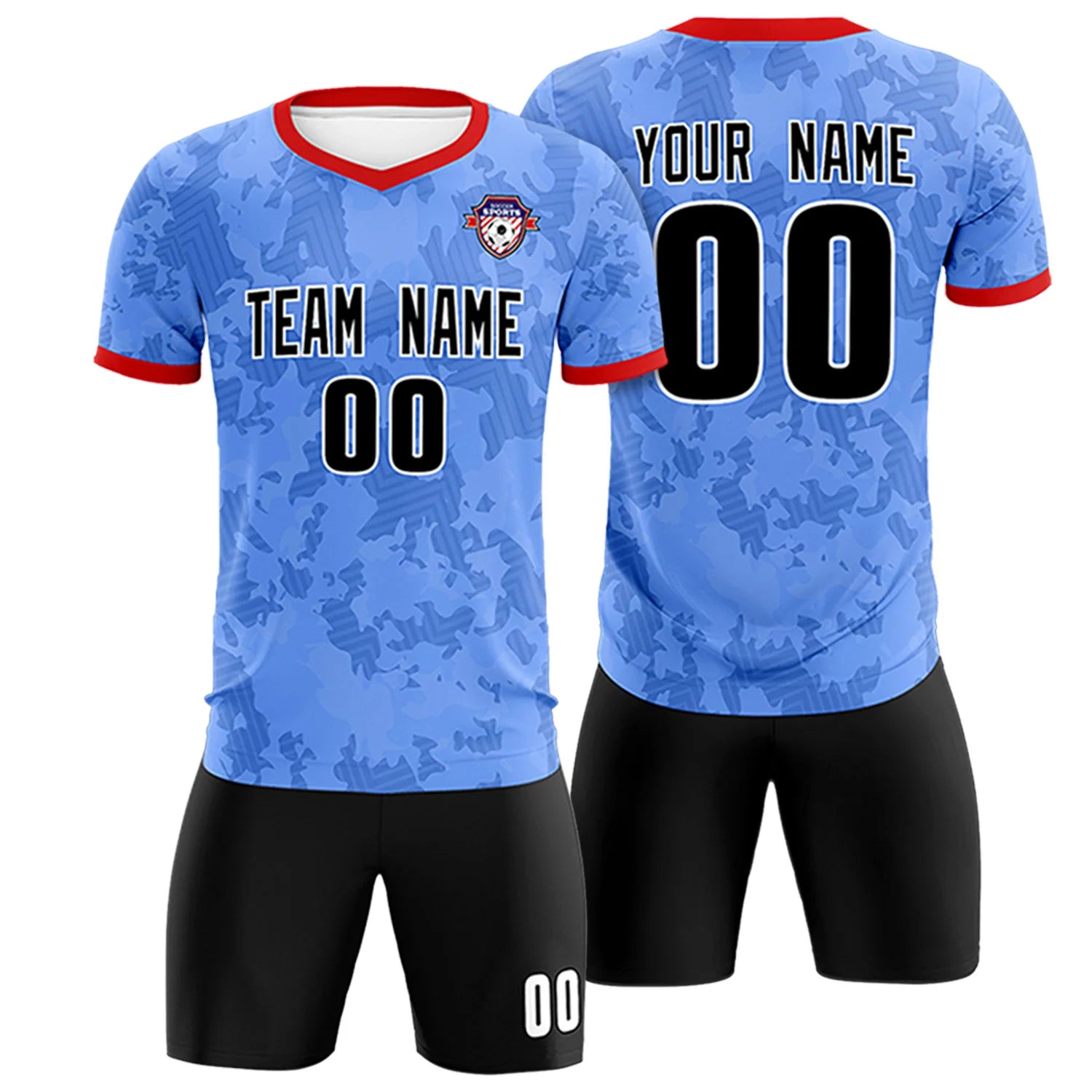 Custom Powder Blue-Black Printing Outdoor Breathable Soccer Sets Jersey