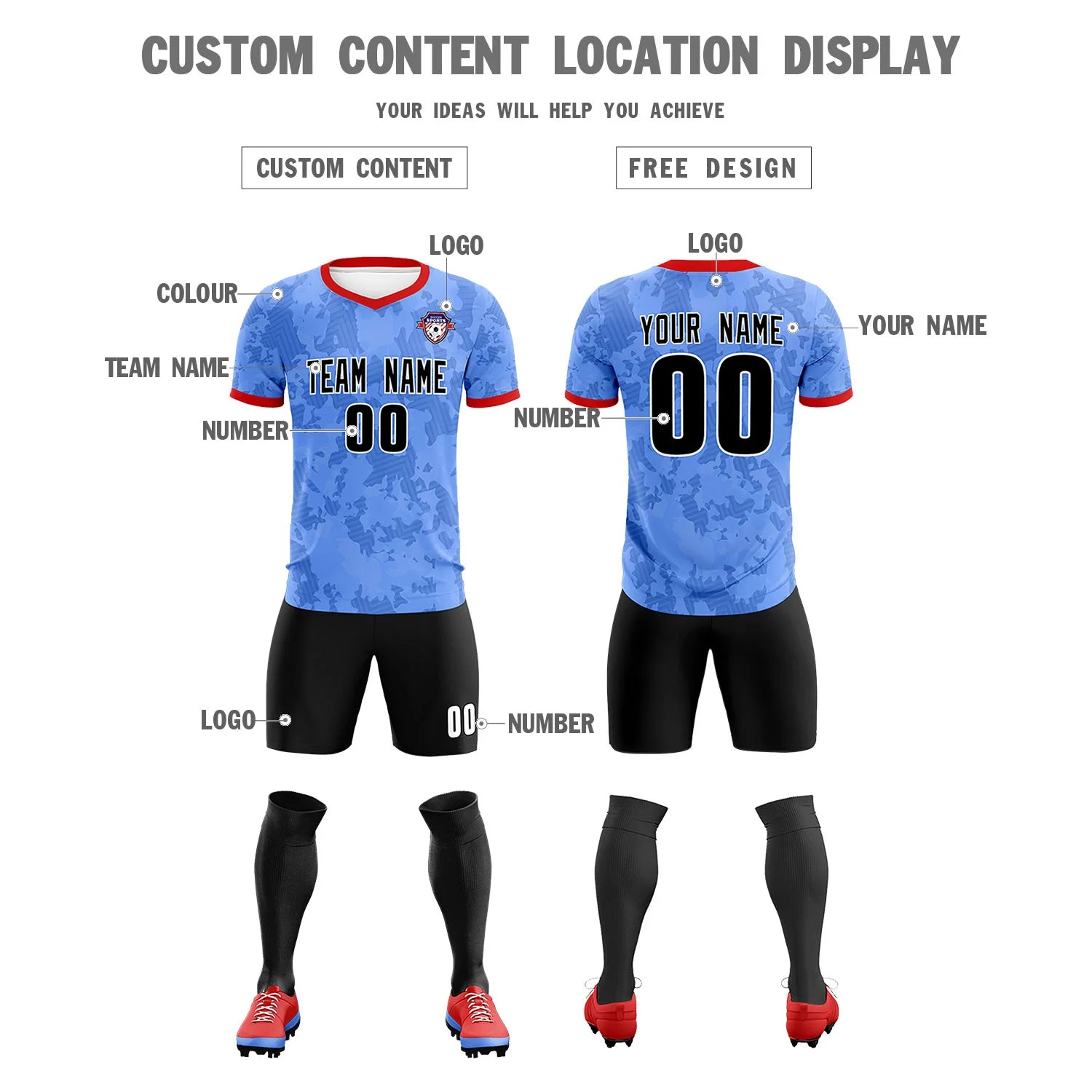 Custom Powder Blue-Black Printing Outdoor Breathable Soccer Sets Jersey