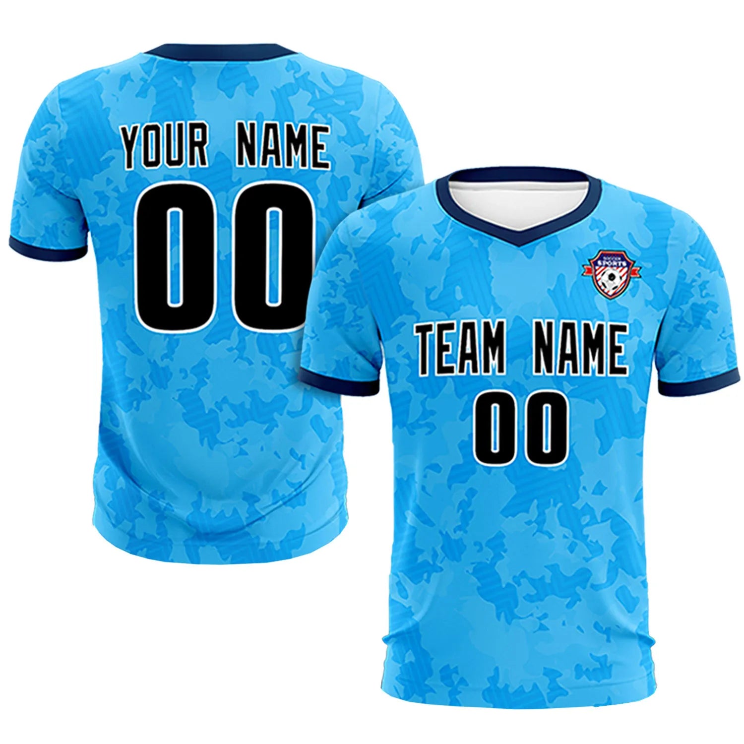 Custom Sky Blue-Black Printing Outdoor Breathable Soccer Sets Jersey