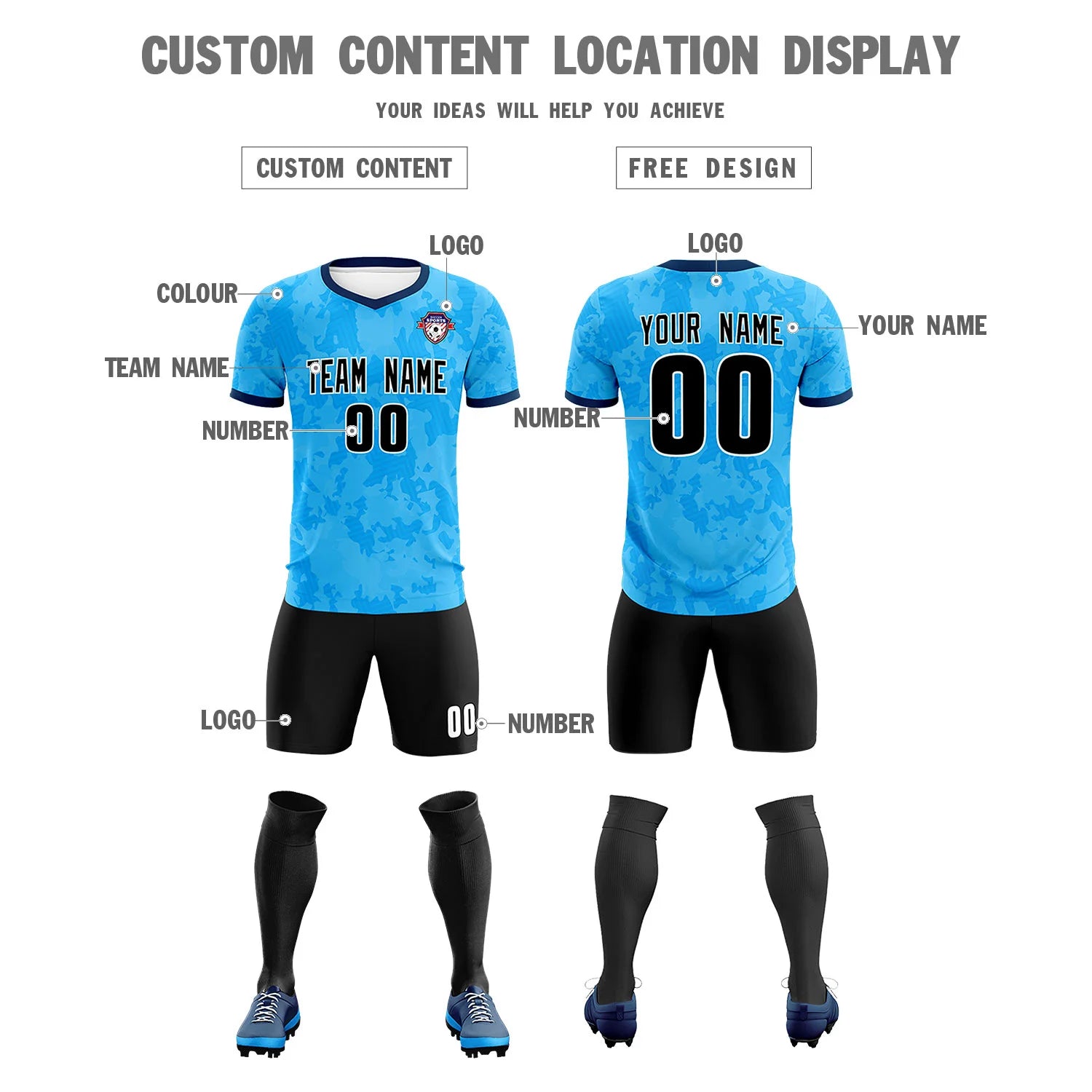 Custom Sky Blue-Black Printing Outdoor Breathable Soccer Sets Jersey