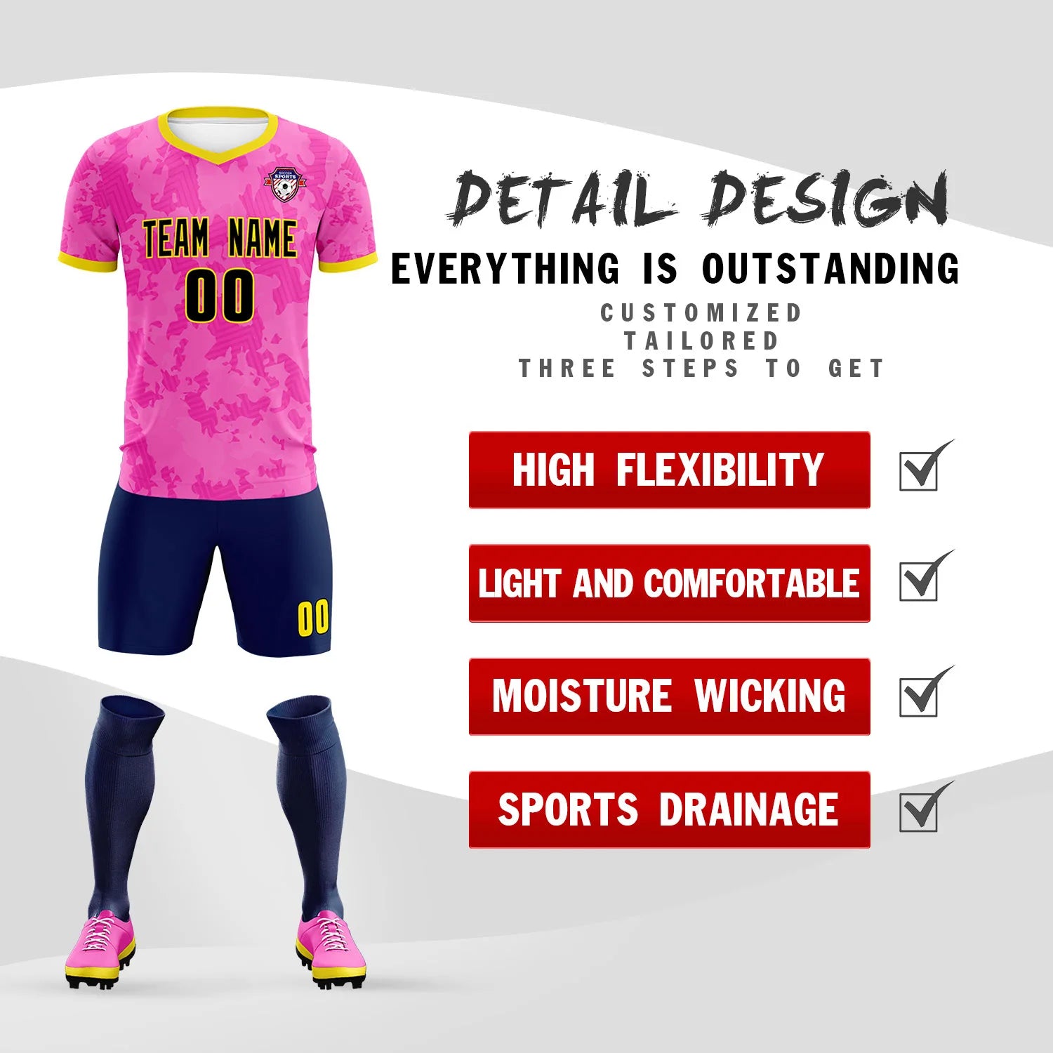 Custom Pink-Navy Printing Outdoor Breathable Soccer Sets Jersey