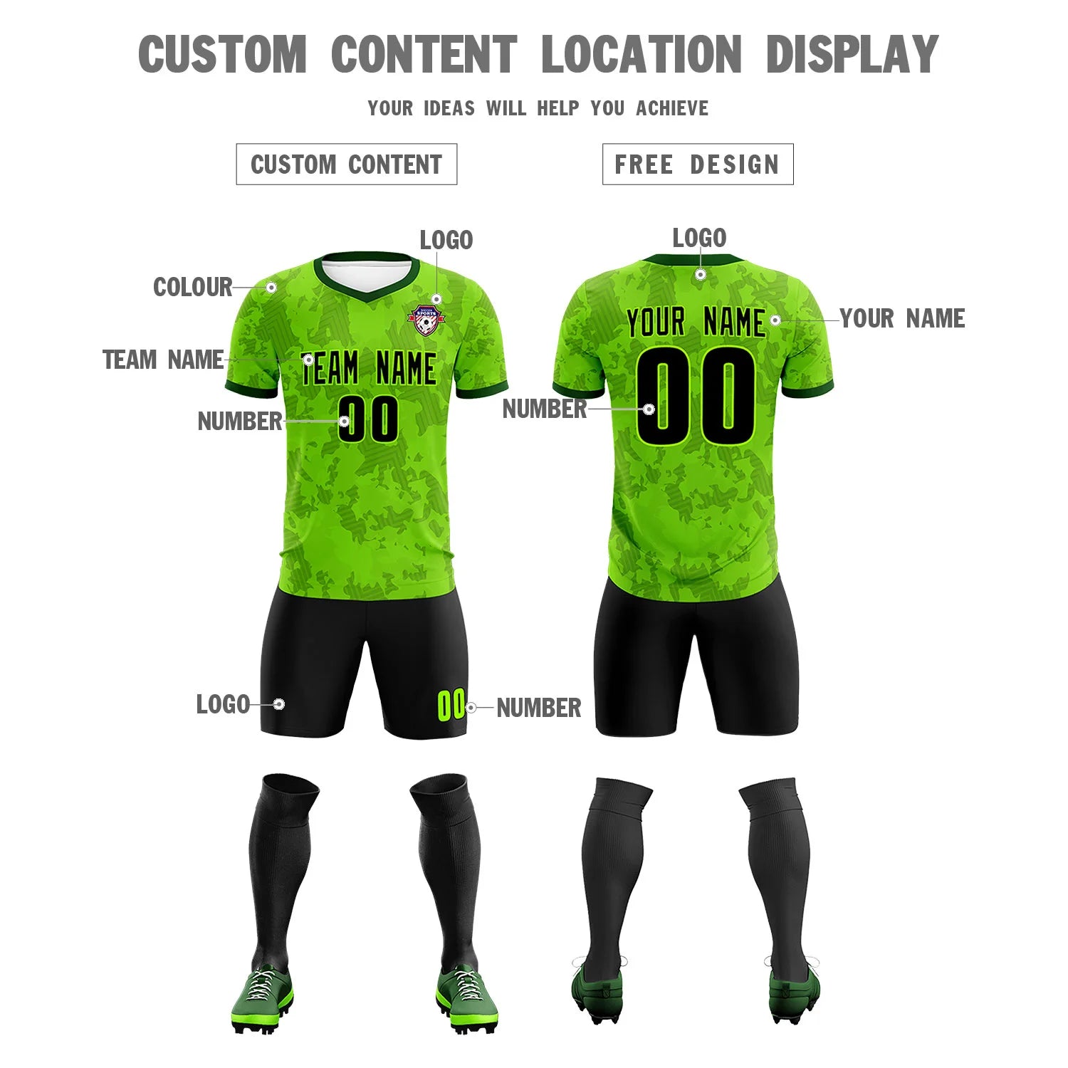 Custom Green-Black Printing Outdoor Breathable Soccer Sets Jersey