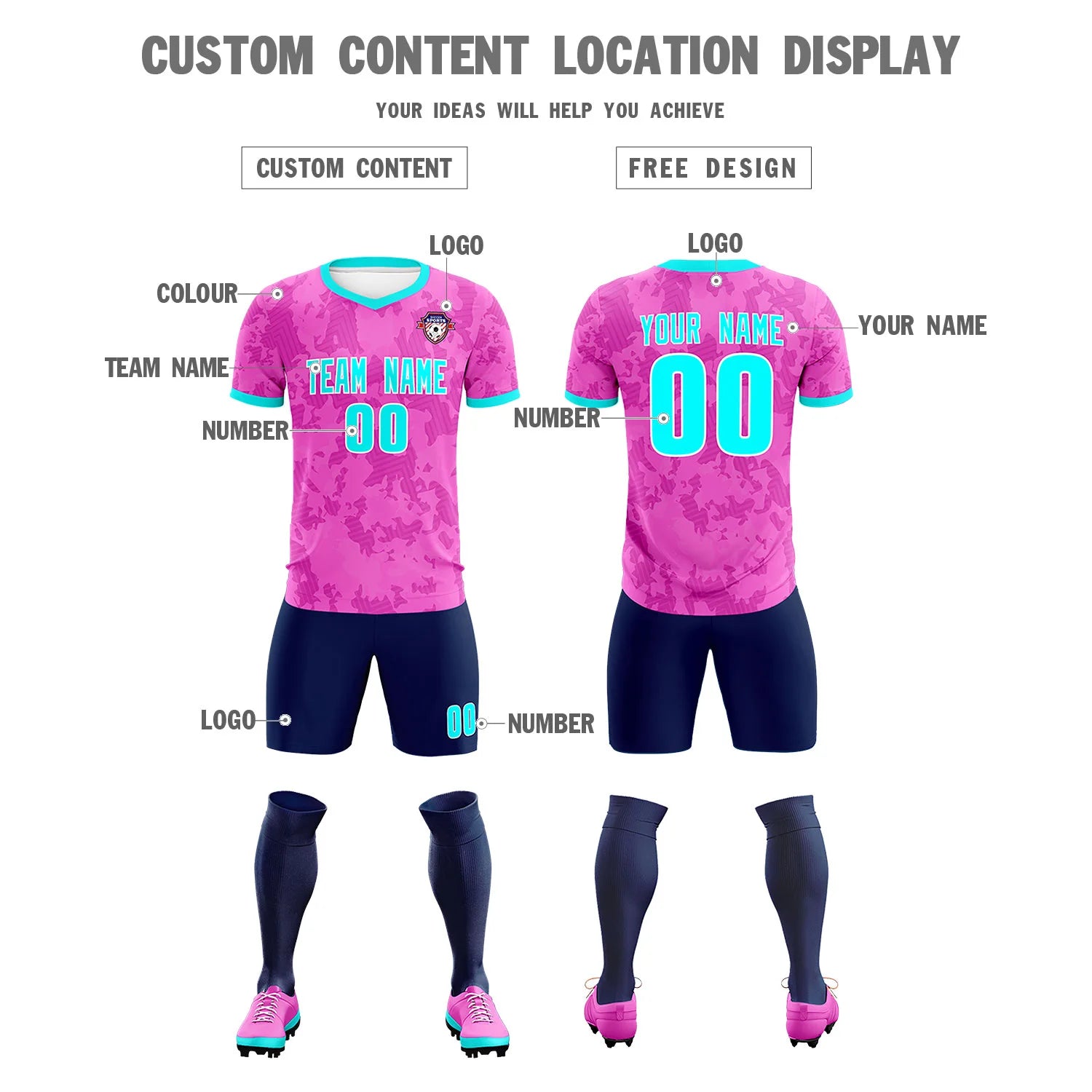 Custom Pink-Navy Printing Outdoor Breathable Soccer Sets Jersey