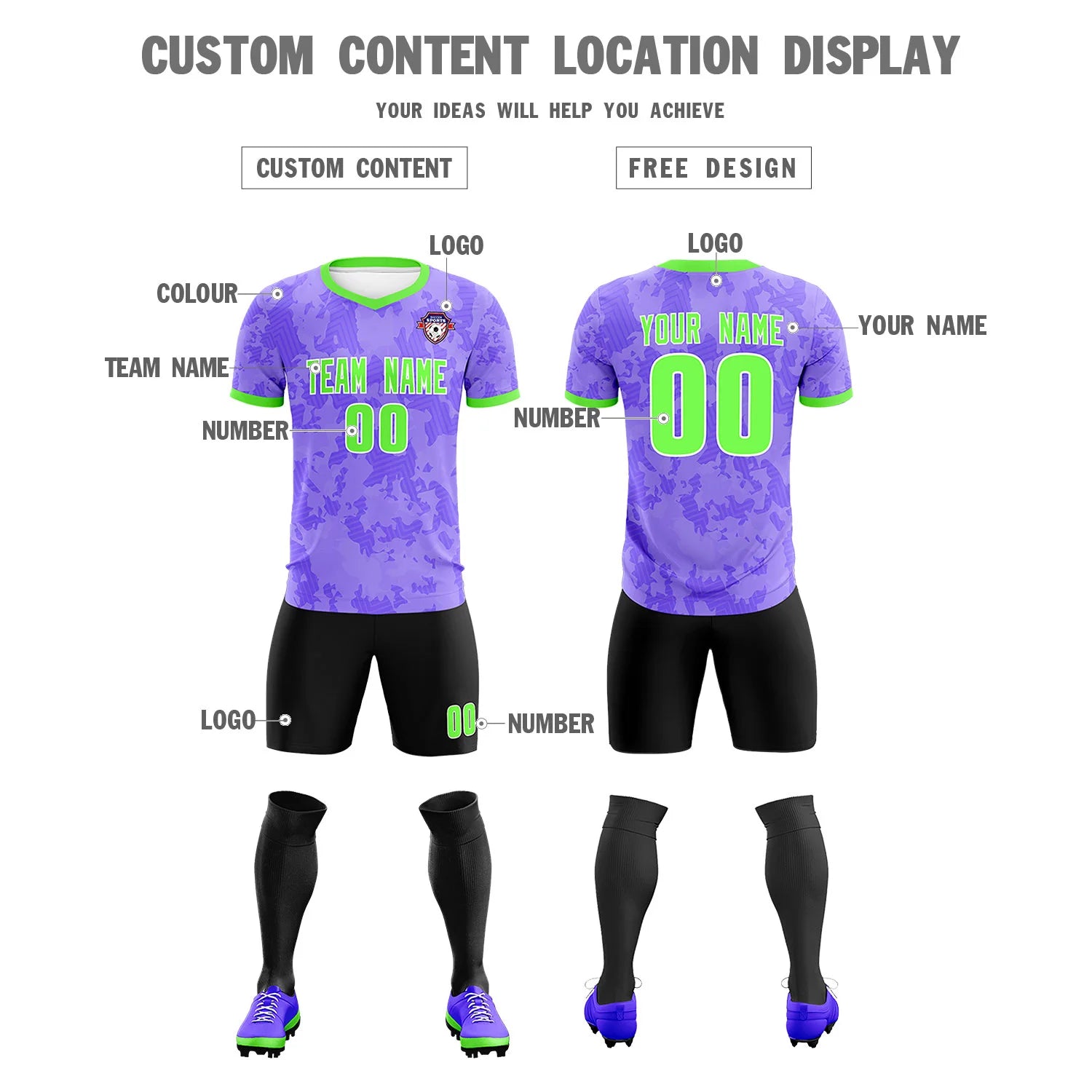Custom Light Purple-Black Printing Outdoor Breathable Soccer Sets Jersey