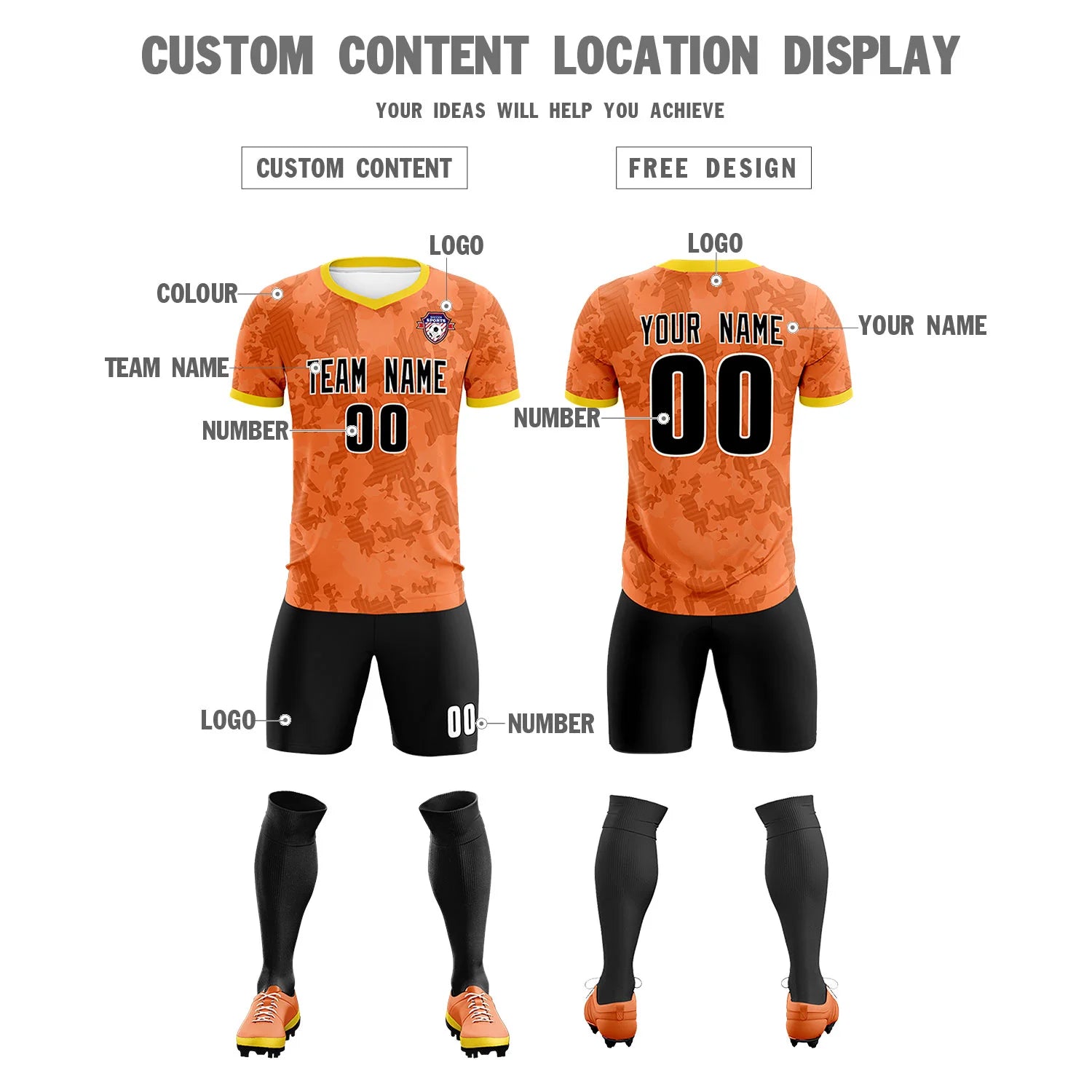 Custom Orange-Black Printing Outdoor Breathable Soccer Sets Jersey