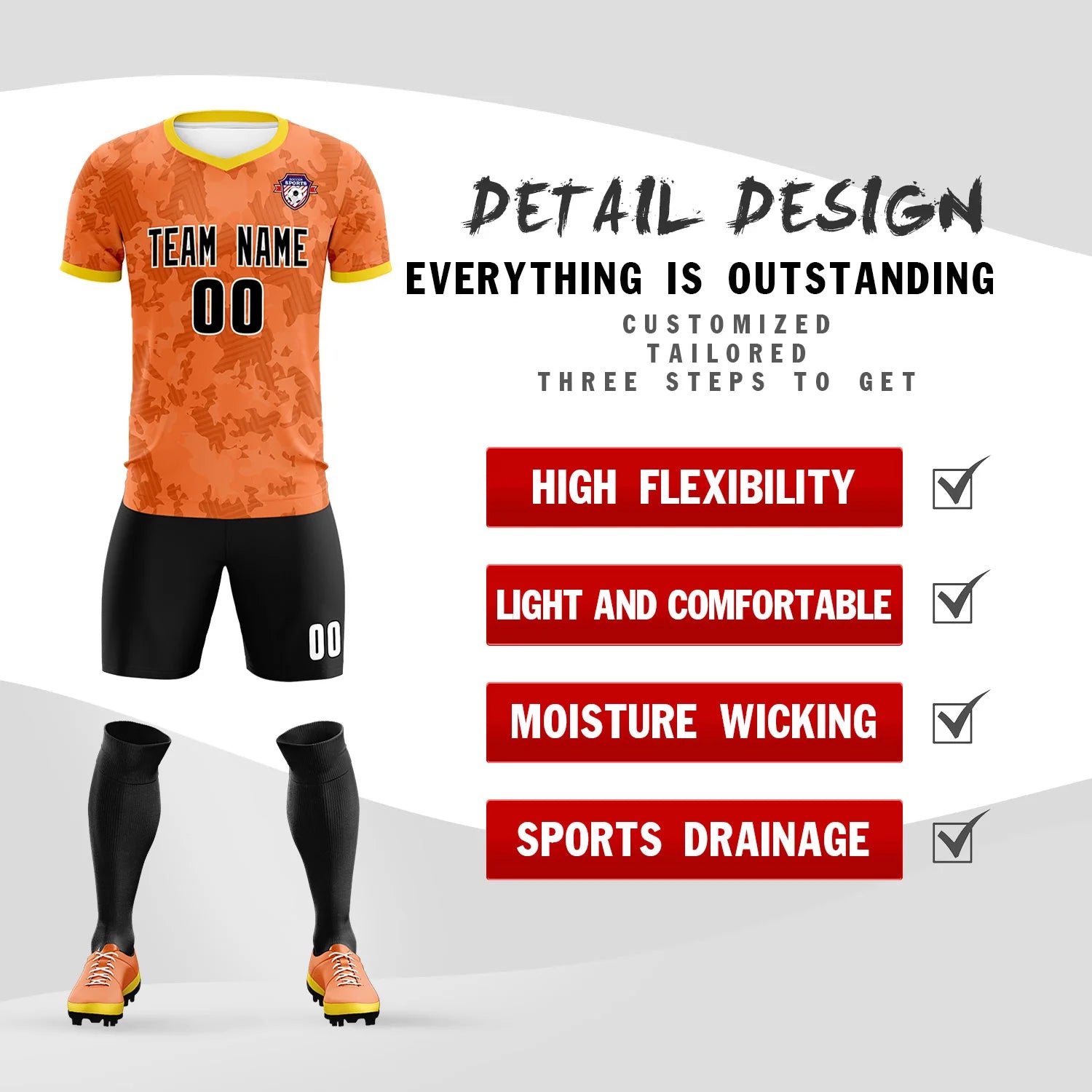 Custom Orange-Black Printing Outdoor Breathable Soccer Sets Jersey