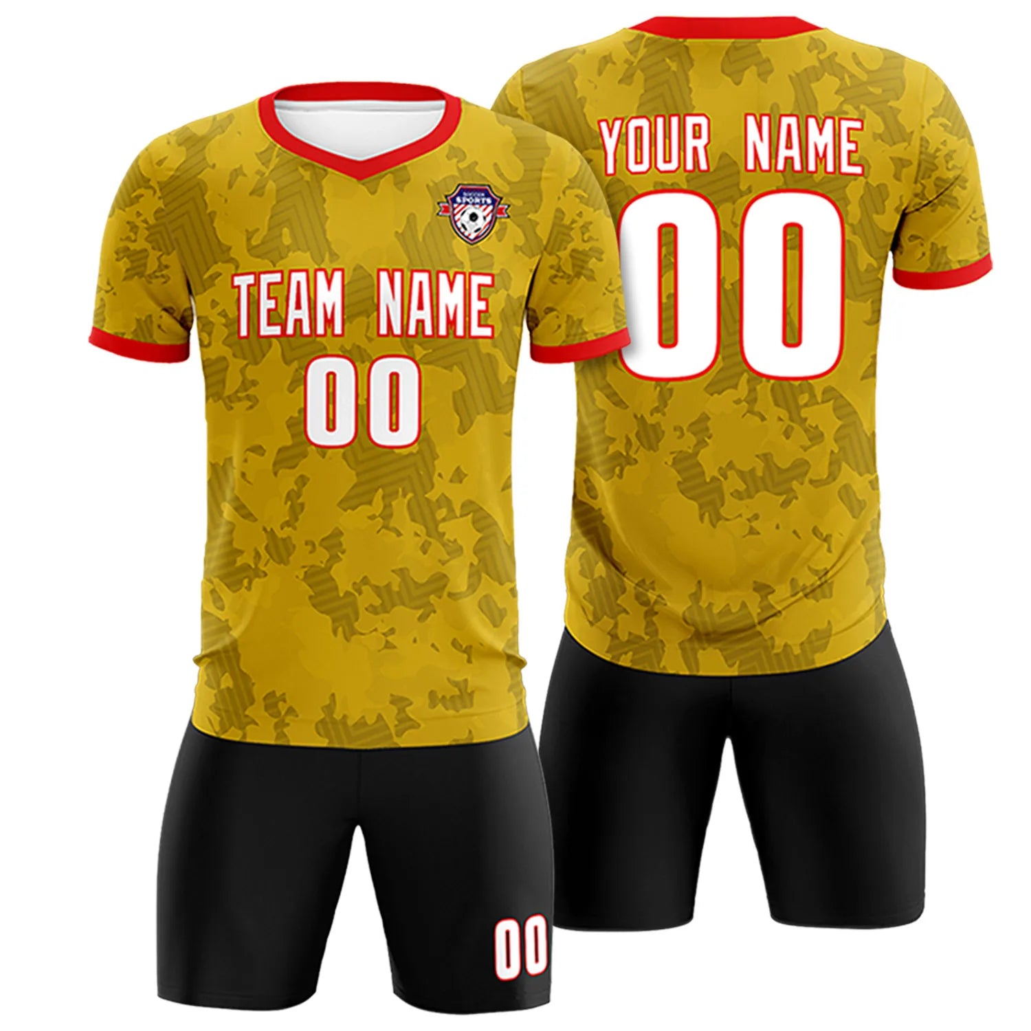 Custom Old Gold-Black Printing Outdoor Breathable Soccer Sets Jersey