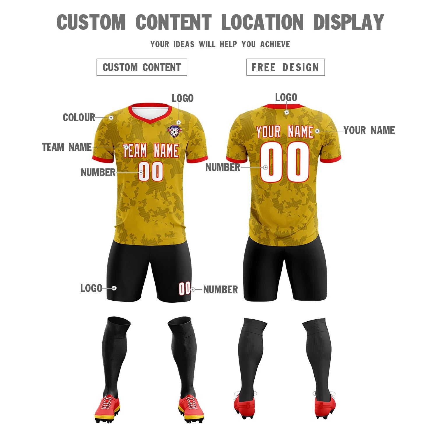 Custom Old Gold-Black Printing Outdoor Breathable Soccer Sets Jersey