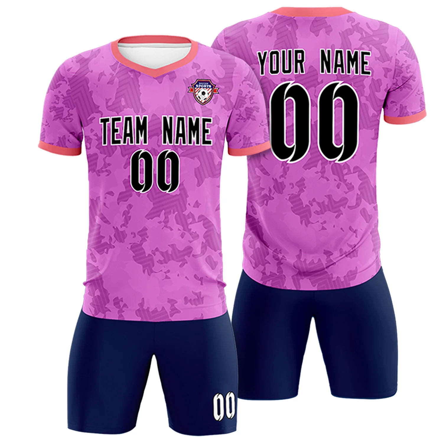 Custom Pink-Navy Printing Outdoor Breathable Soccer Sets Jersey