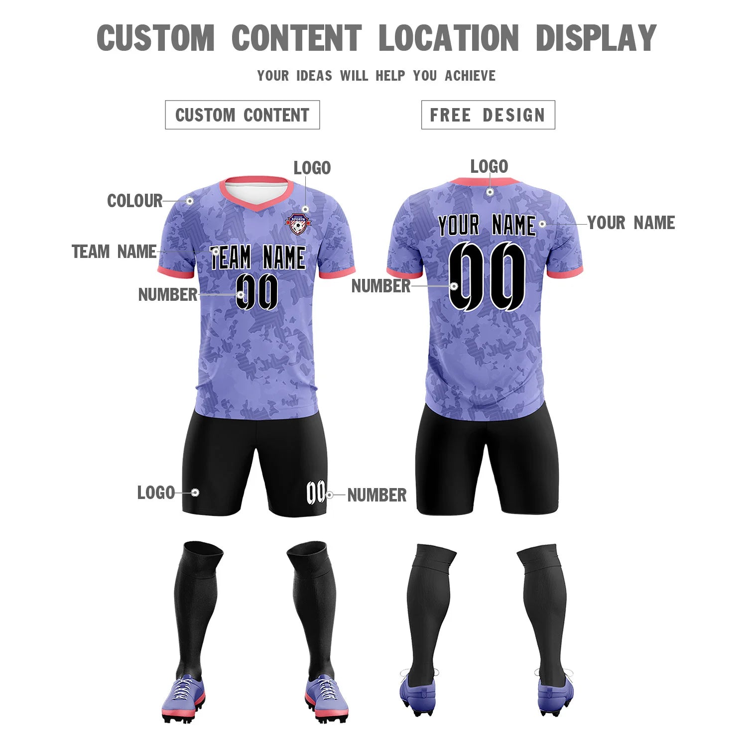 Custom Light Purple-Black Printing Outdoor Breathable Soccer Sets Jersey