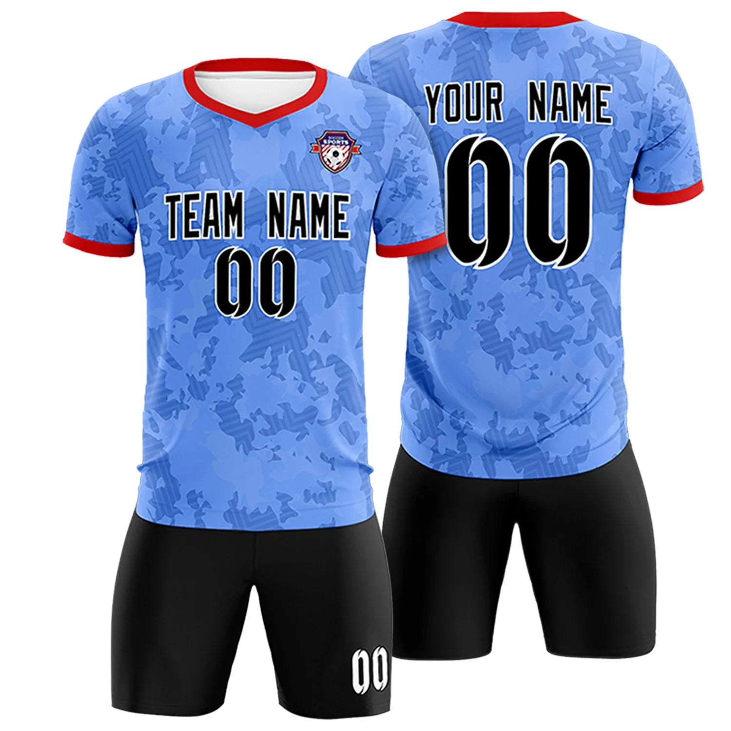 Custom Powder Blue-Black Printing Outdoor Breathable Soccer Sets Jersey