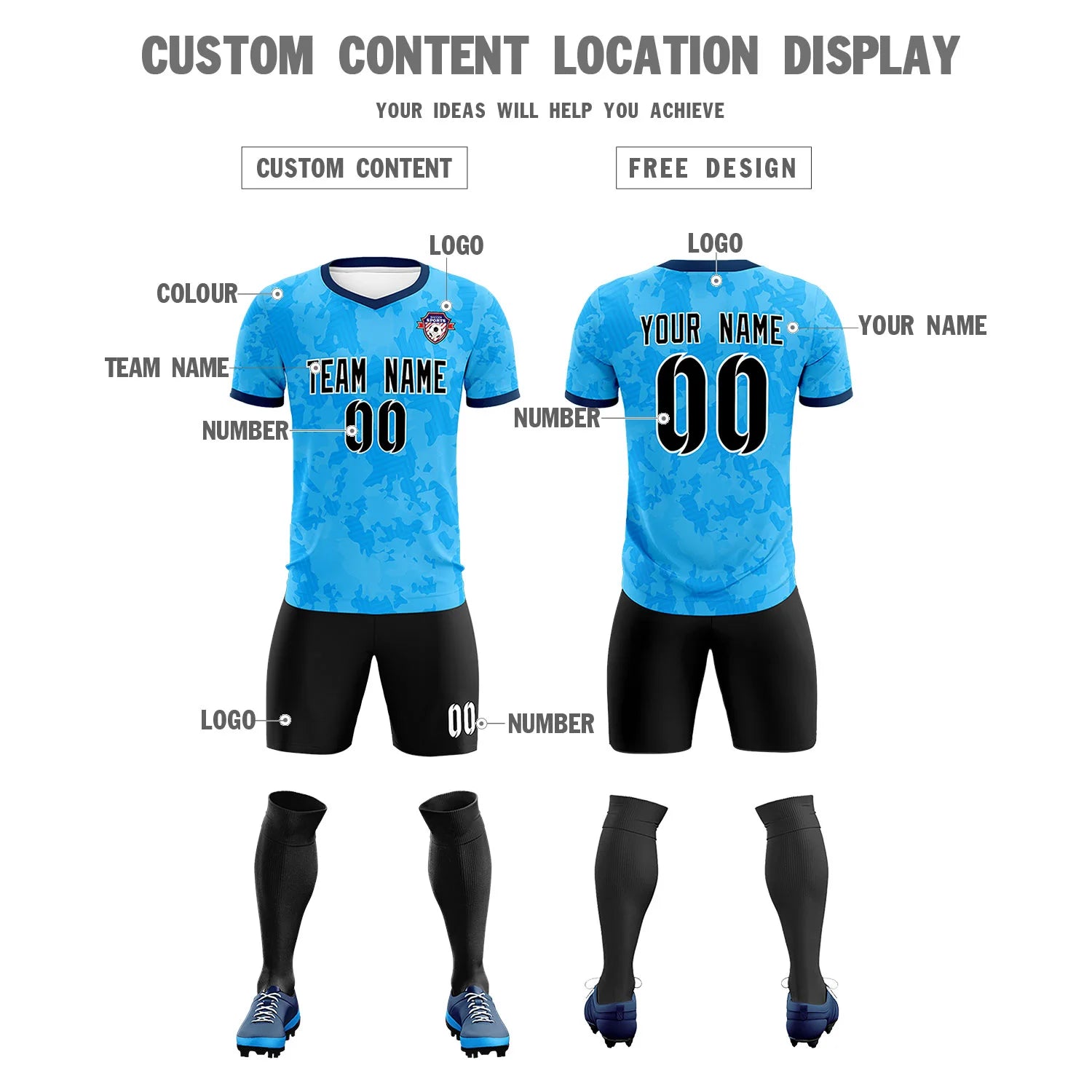 Custom Sky Blue-Black Printing Outdoor Breathable Soccer Sets Jersey