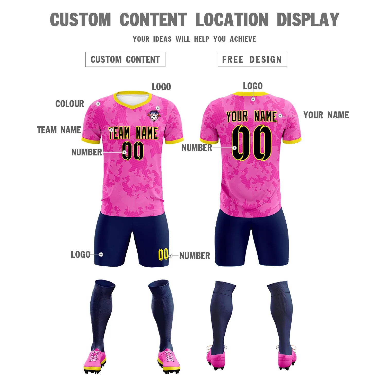 Custom Pink-Navy Printing Outdoor Breathable Soccer Sets Jersey