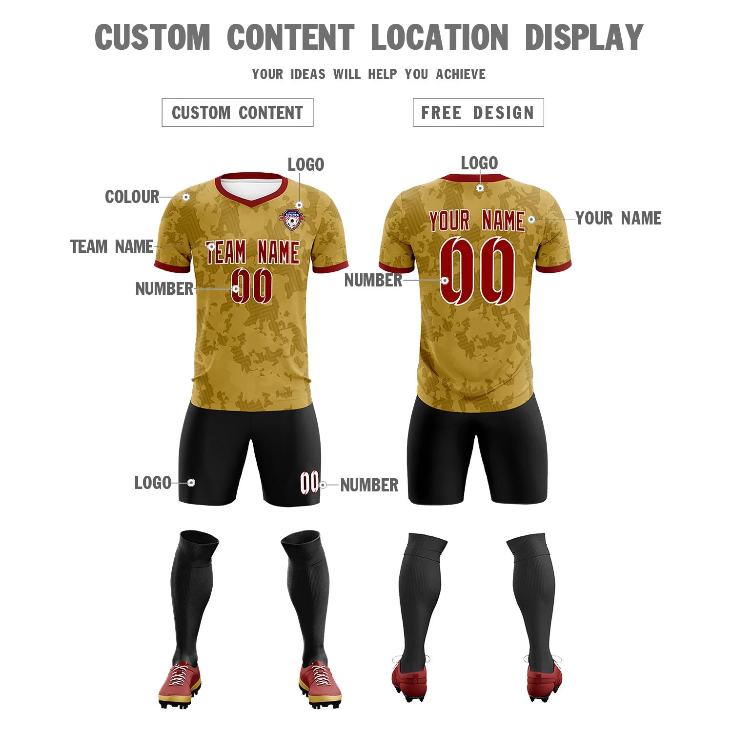Custom Old Gold-Black Printing Outdoor Breathable Soccer Sets Jersey