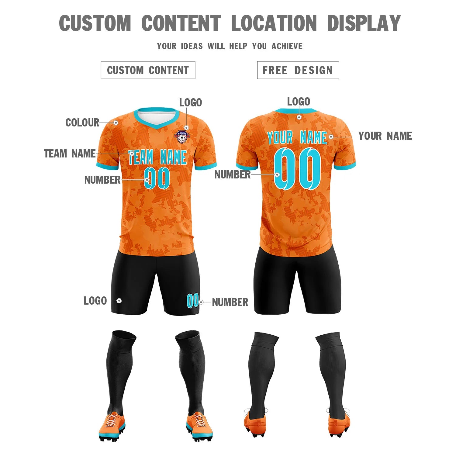 Custom Orange-Black Printing Outdoor Breathable Soccer Sets Jersey