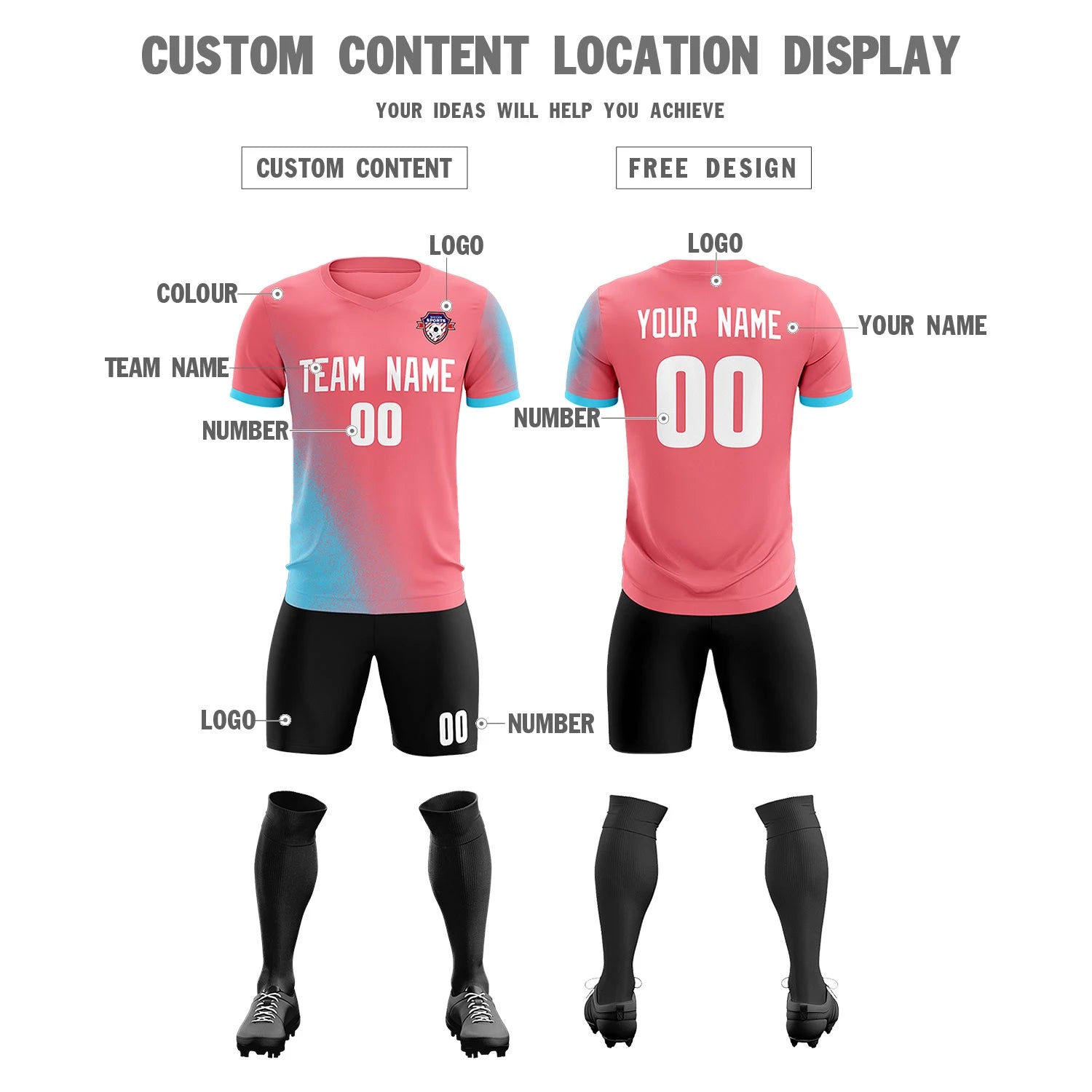 Custom Light Red Sky Blue Outdoor Sport Soccer Sets Jersey