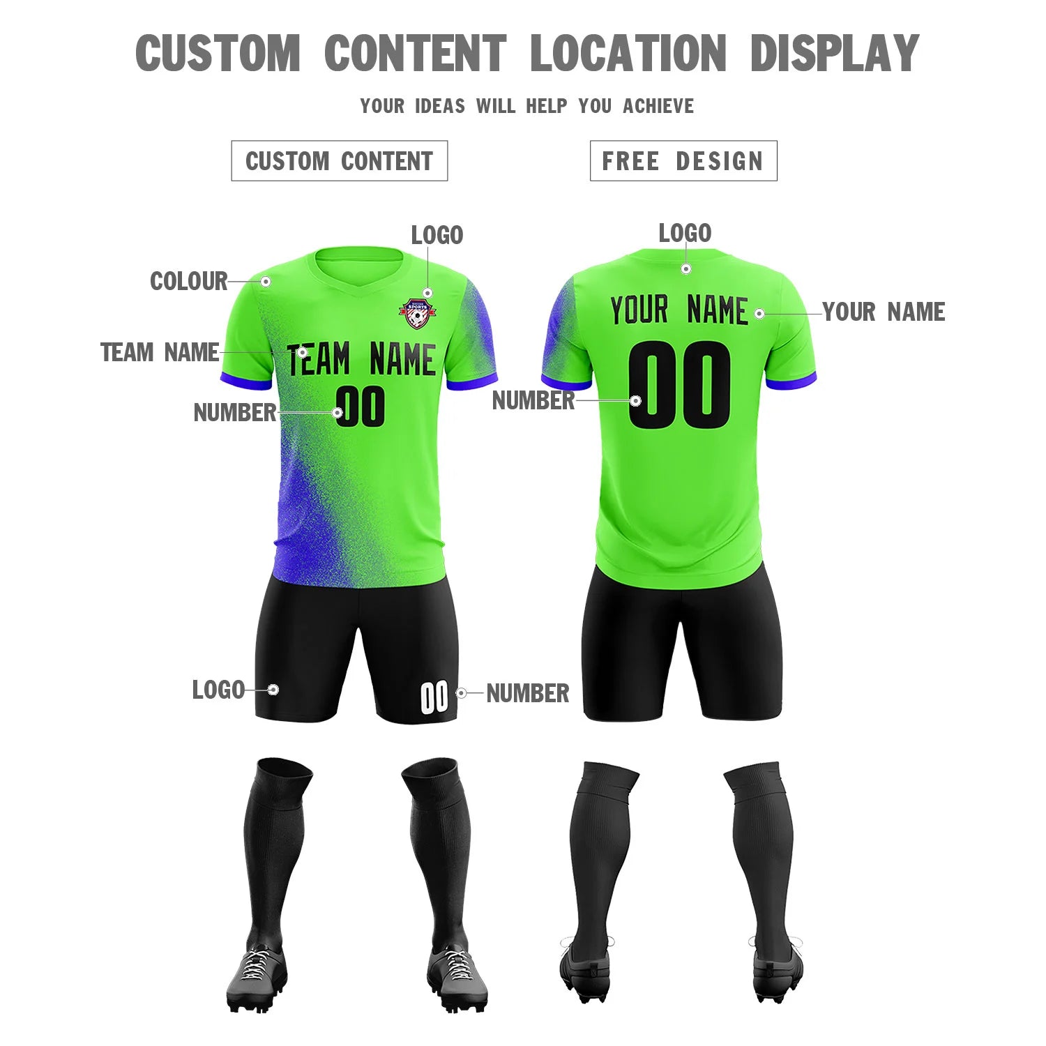 Custom Neon Green Royal Blue Outdoor Sport Soccer Sets Jersey