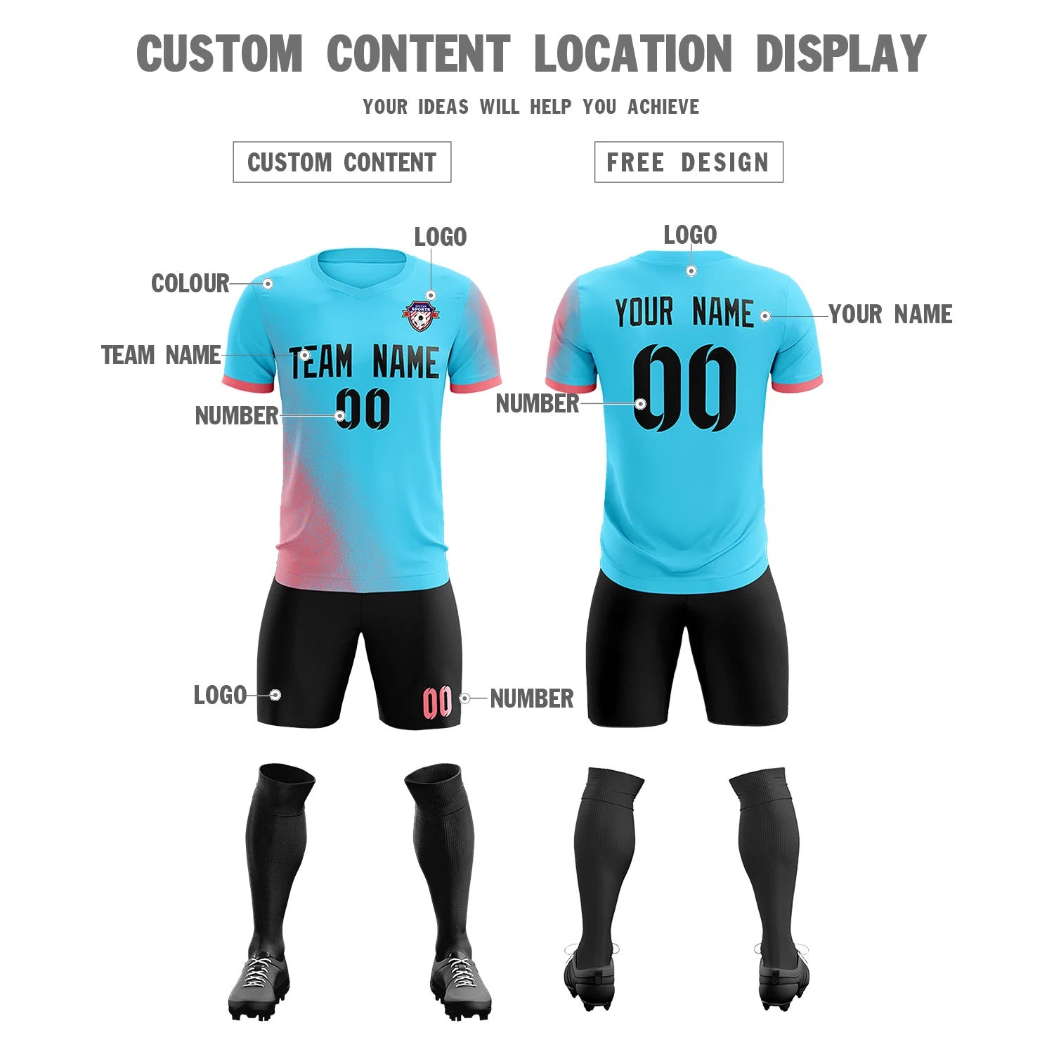 Custom Sky Blue Light Red Outdoor Sport Soccer Sets Jersey