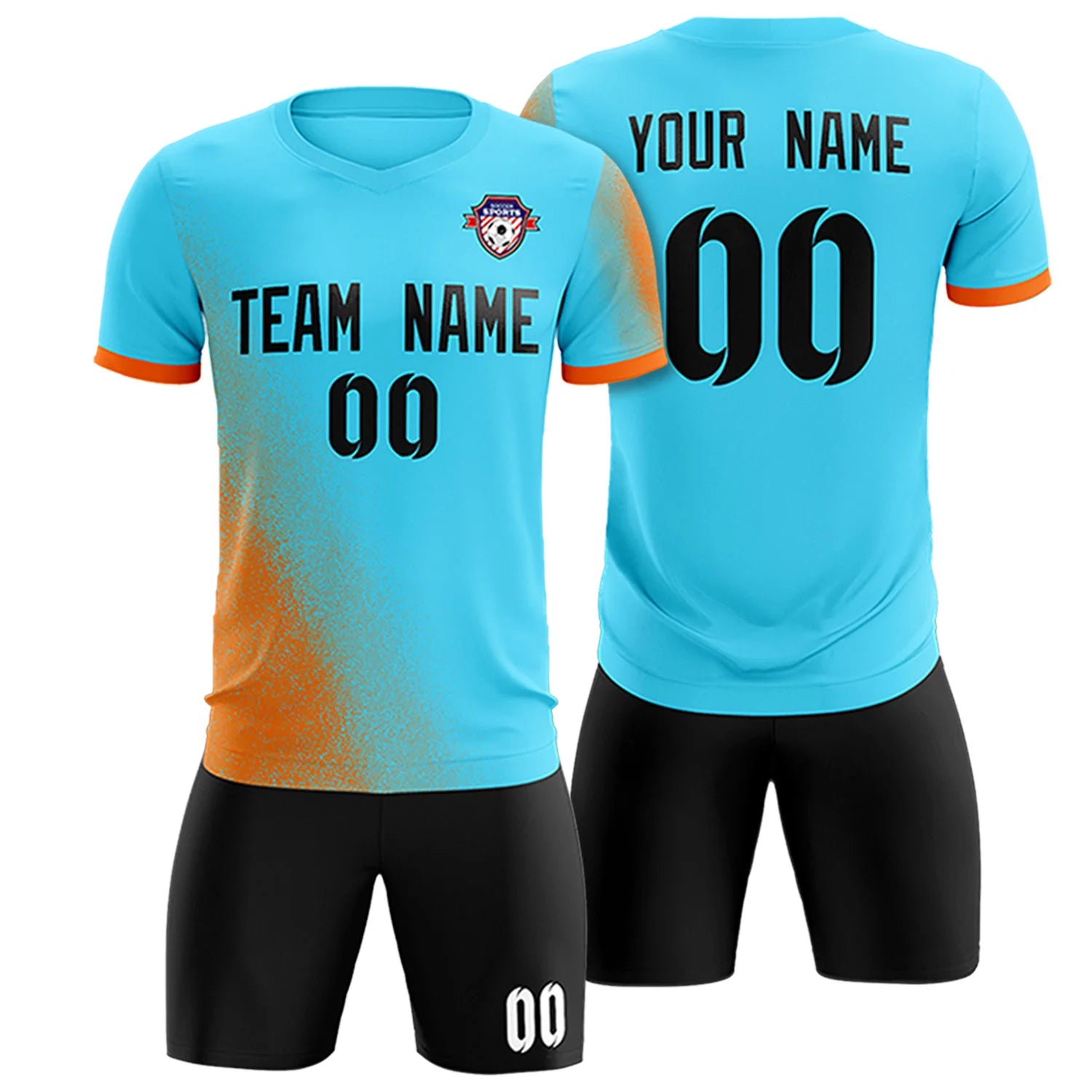Custom Sky Blue Orange Outdoor Sport Soccer Sets Jersey
