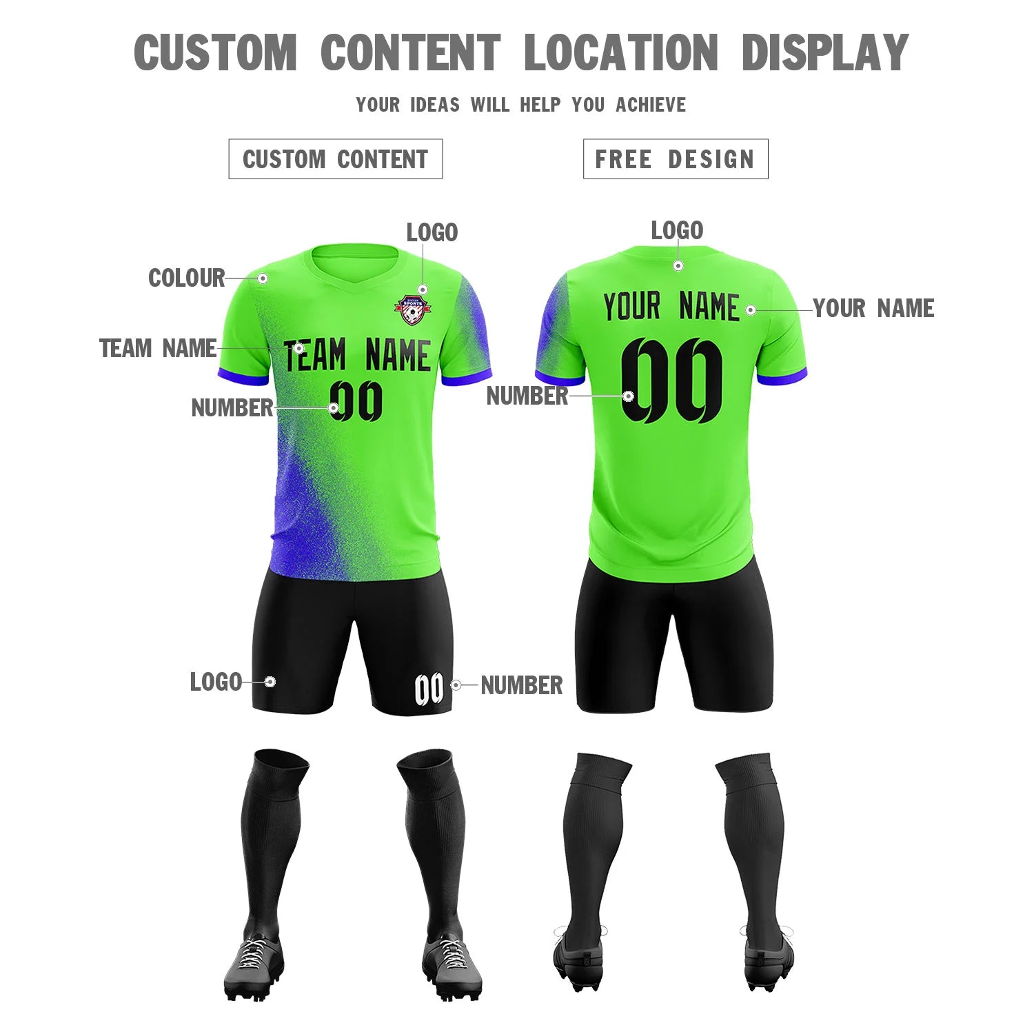 Custom Neon Green Royal Blue Outdoor Sport Soccer Sets Jersey