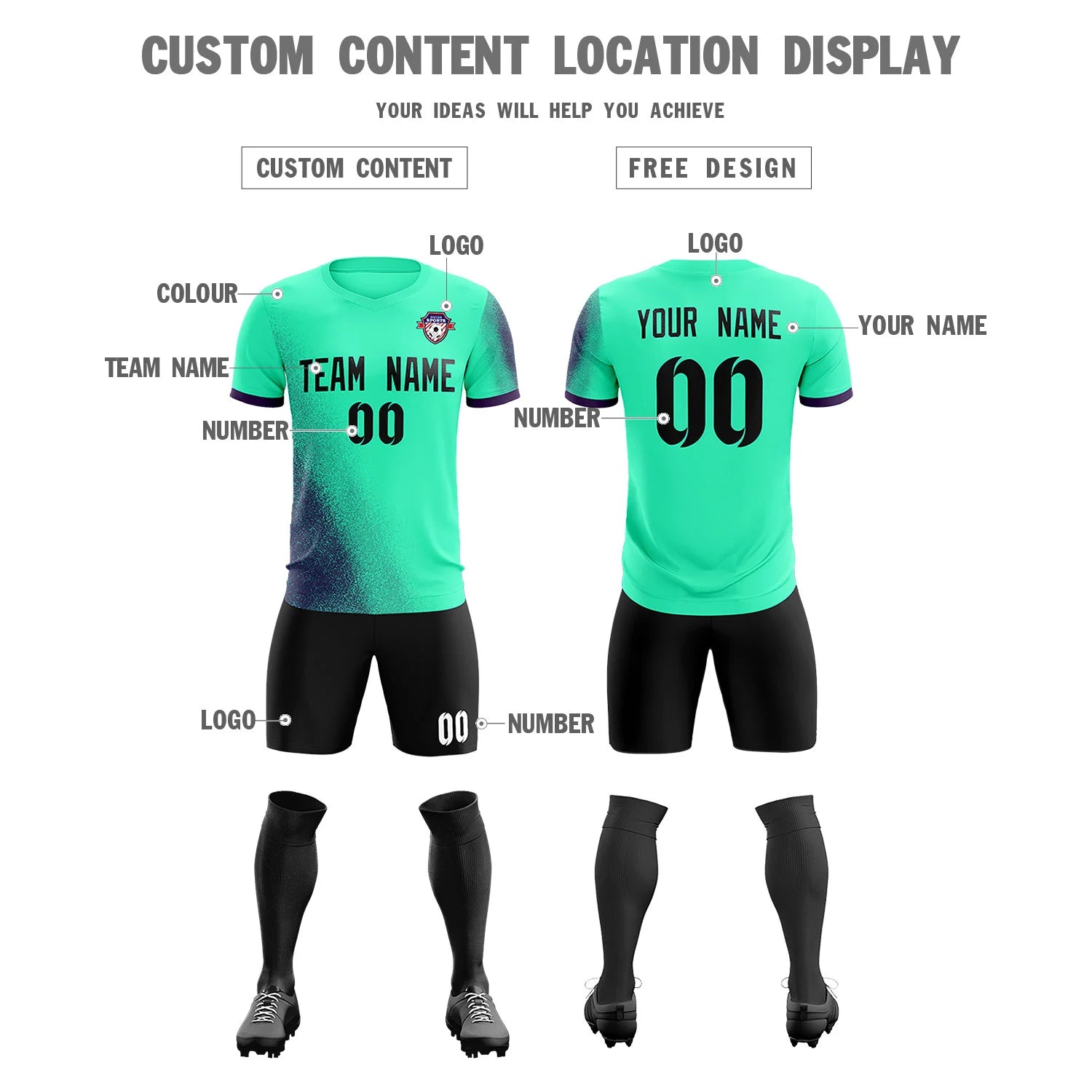 Custom Green Dark Purple Outdoor Sport Soccer Sets Jersey