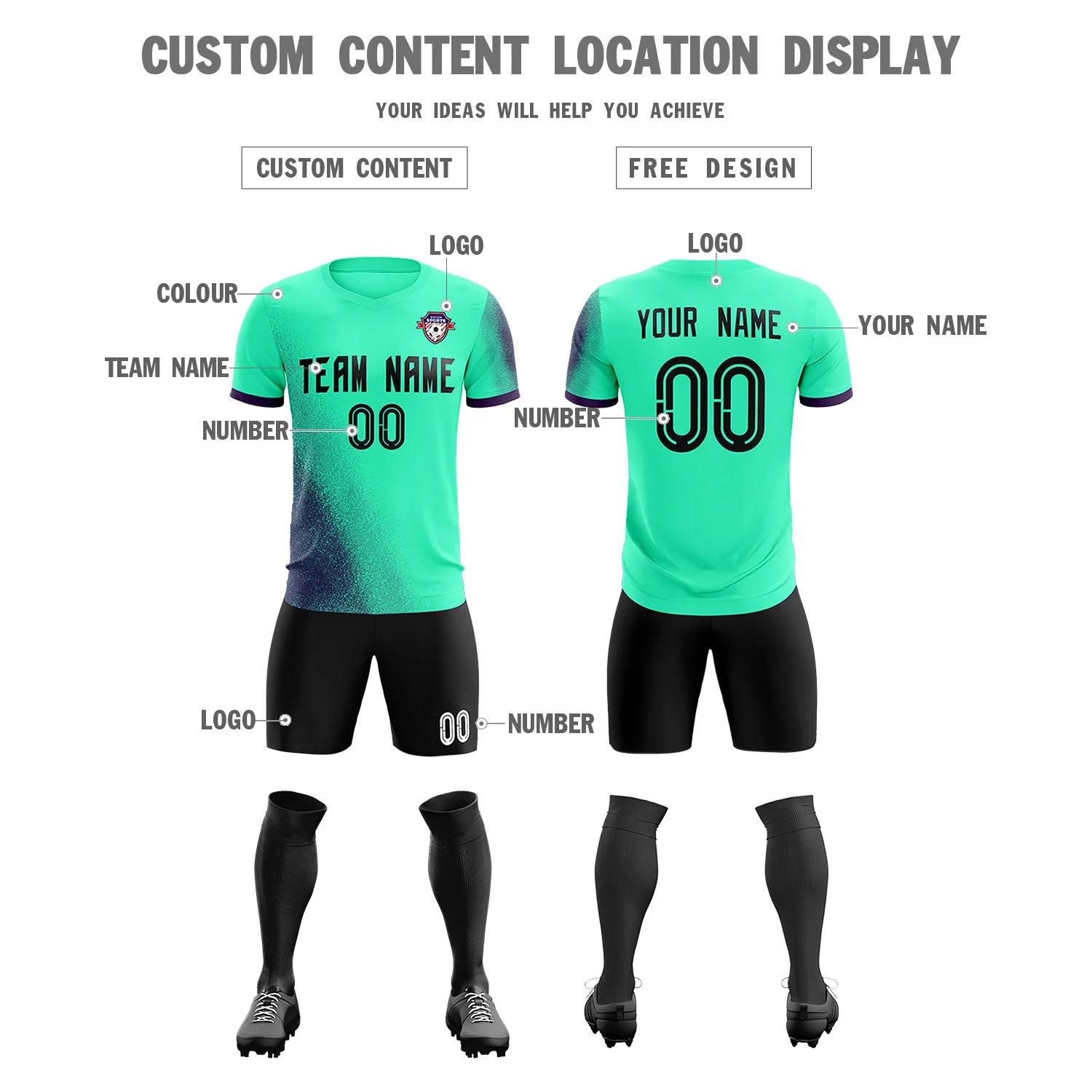 Custom Green Dark Purple Outdoor Sport Soccer Sets Jersey