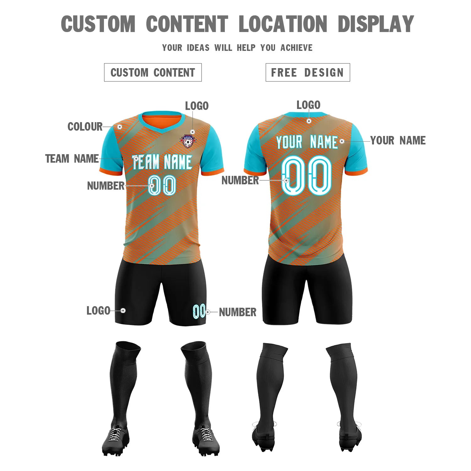 Custom Orange Aqua Casual Sport Soccer Sets Jersey