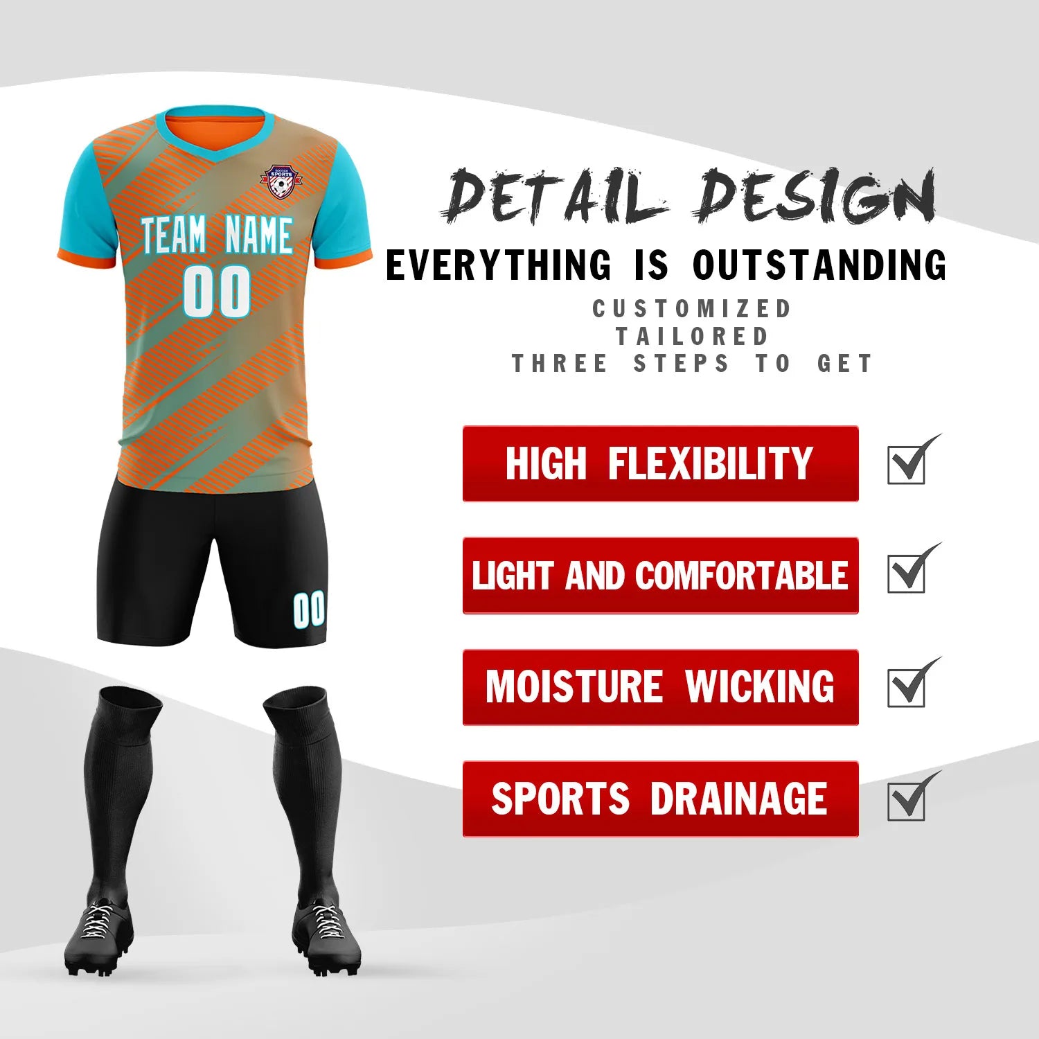 Custom Orange Aqua Casual Sport Soccer Sets Jersey