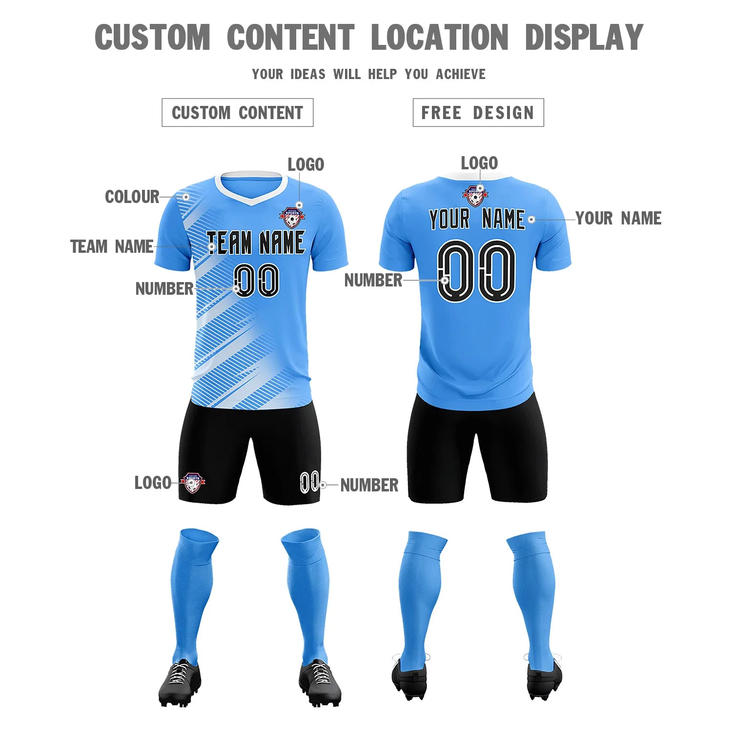 Custom Powder Blue White Casual Printing Sportswear Soccer Sets Jersey