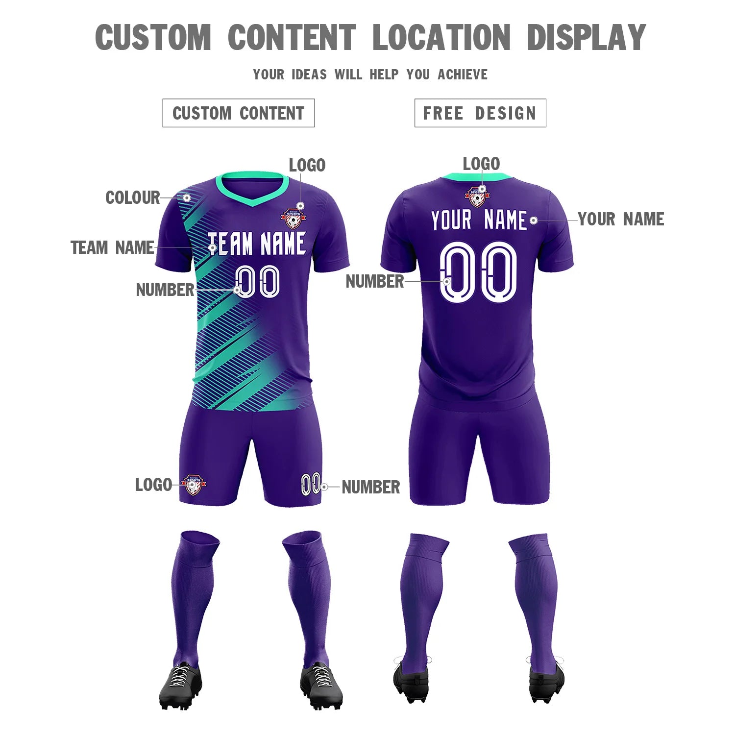 Custom Purple Bright Blue Casual Printing Sportswear Soccer Sets Jersey