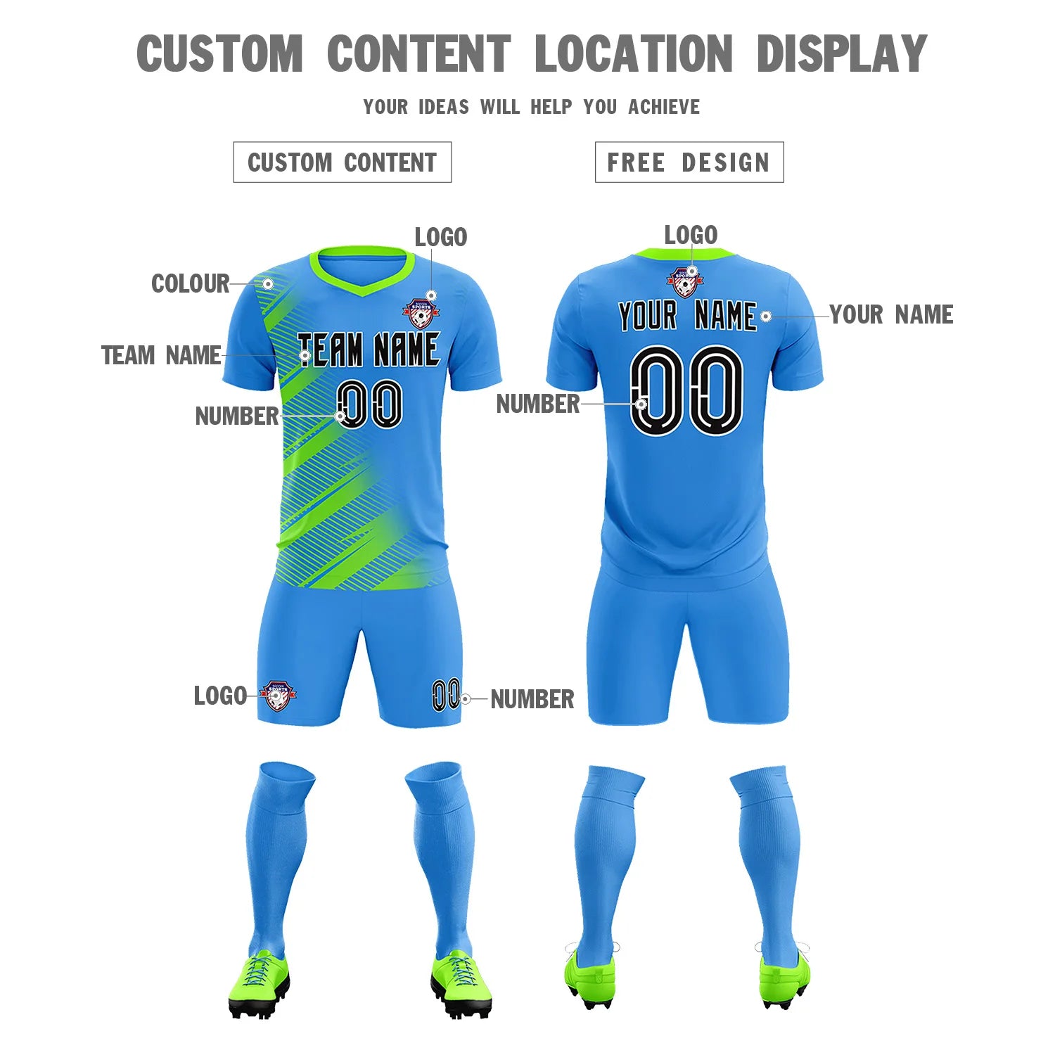 Custom Powder Blue Neon Green Casual Printing Sportswear Soccer Sets Jersey