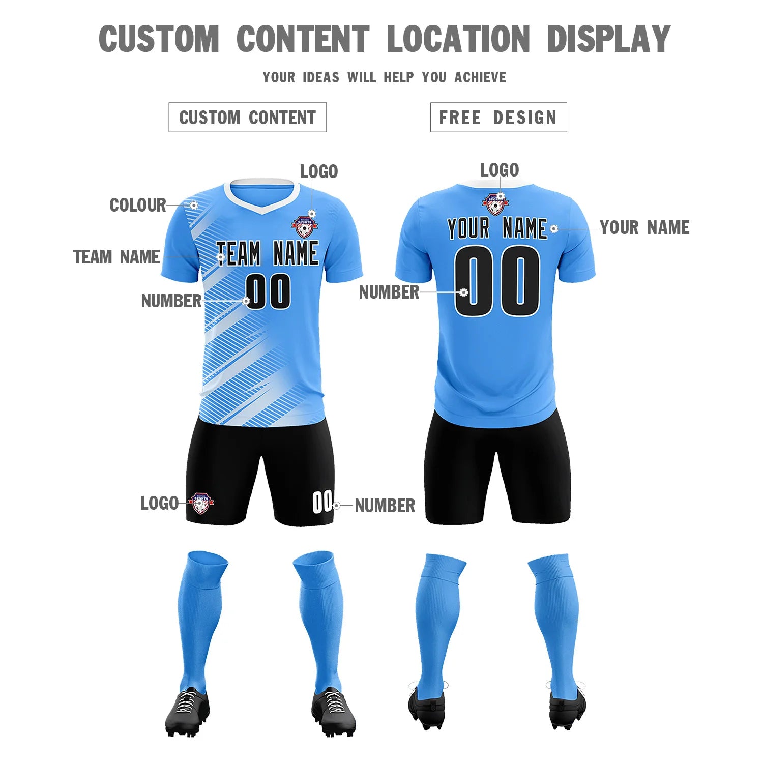 Custom Powder Blue White Casual Printing Sportswear Soccer Sets Jersey