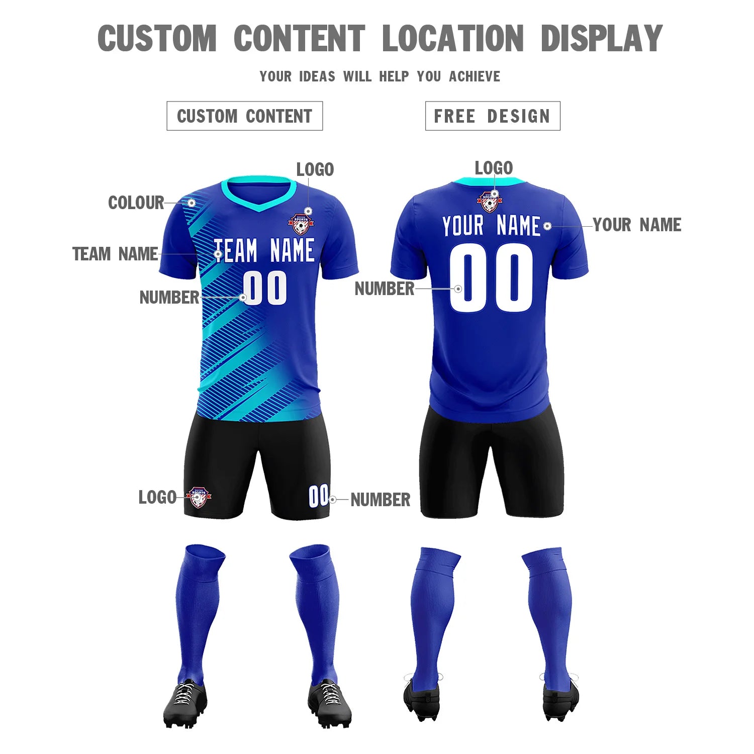 Custom Royal Blue Sky Blue Casual Printing Sportswear Soccer Sets Jersey